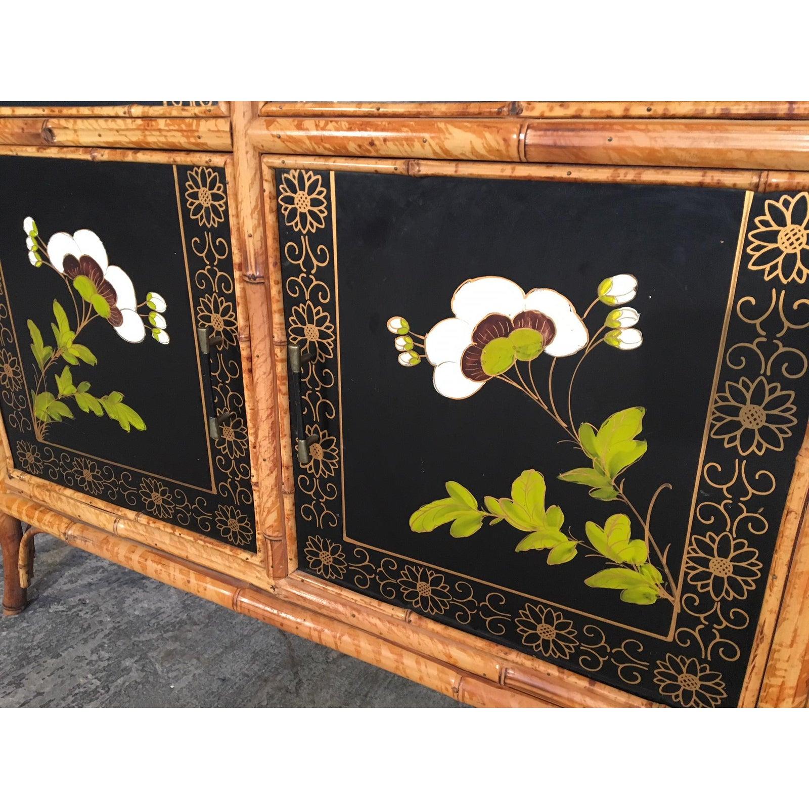 Mid-20th Century Pair of Asian Hand Painted Bamboo Cabinets, circa 1950s