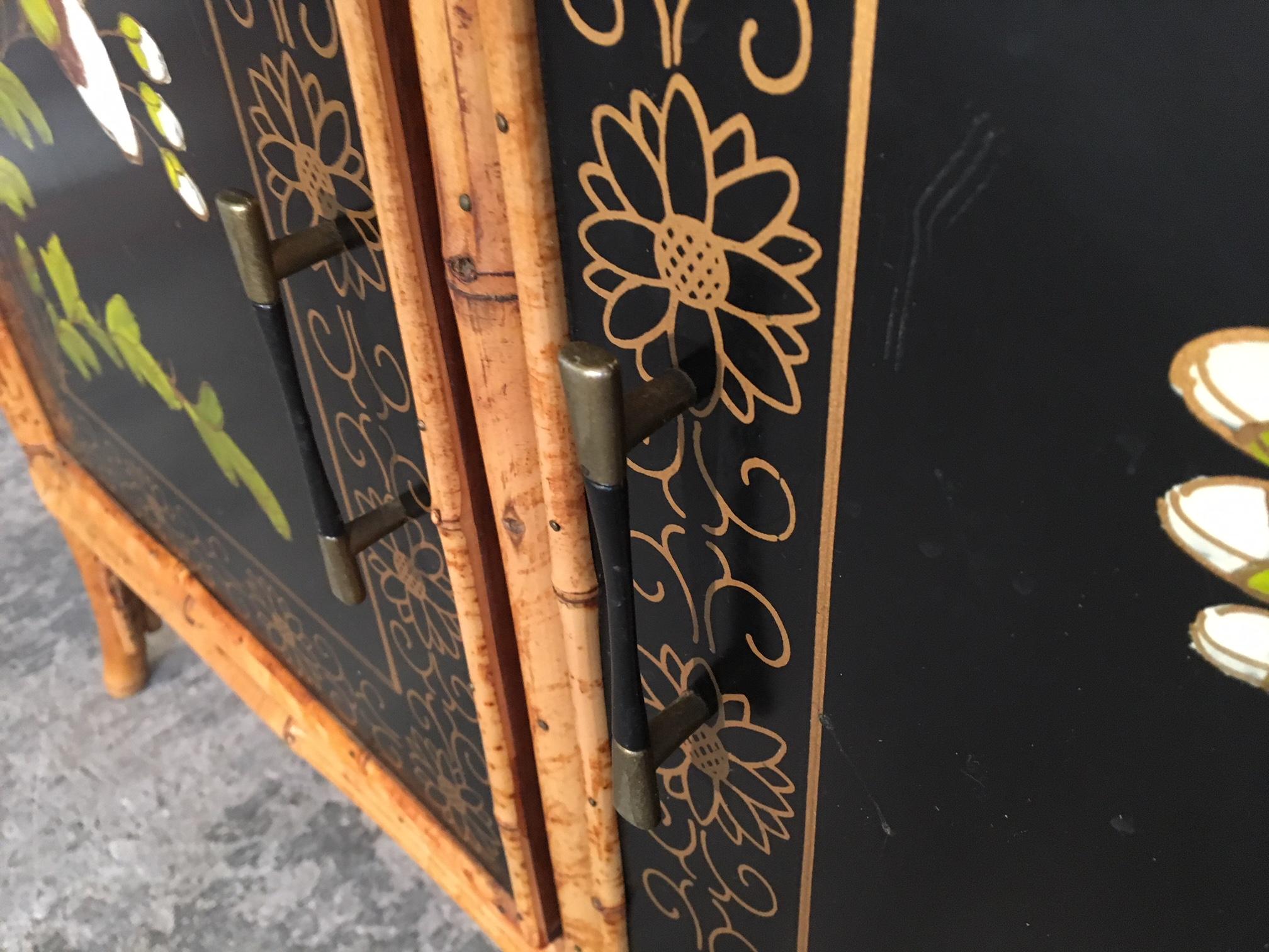 Pair of Asian Hand-Painted Bamboo Cabinets, circa 1950s 2