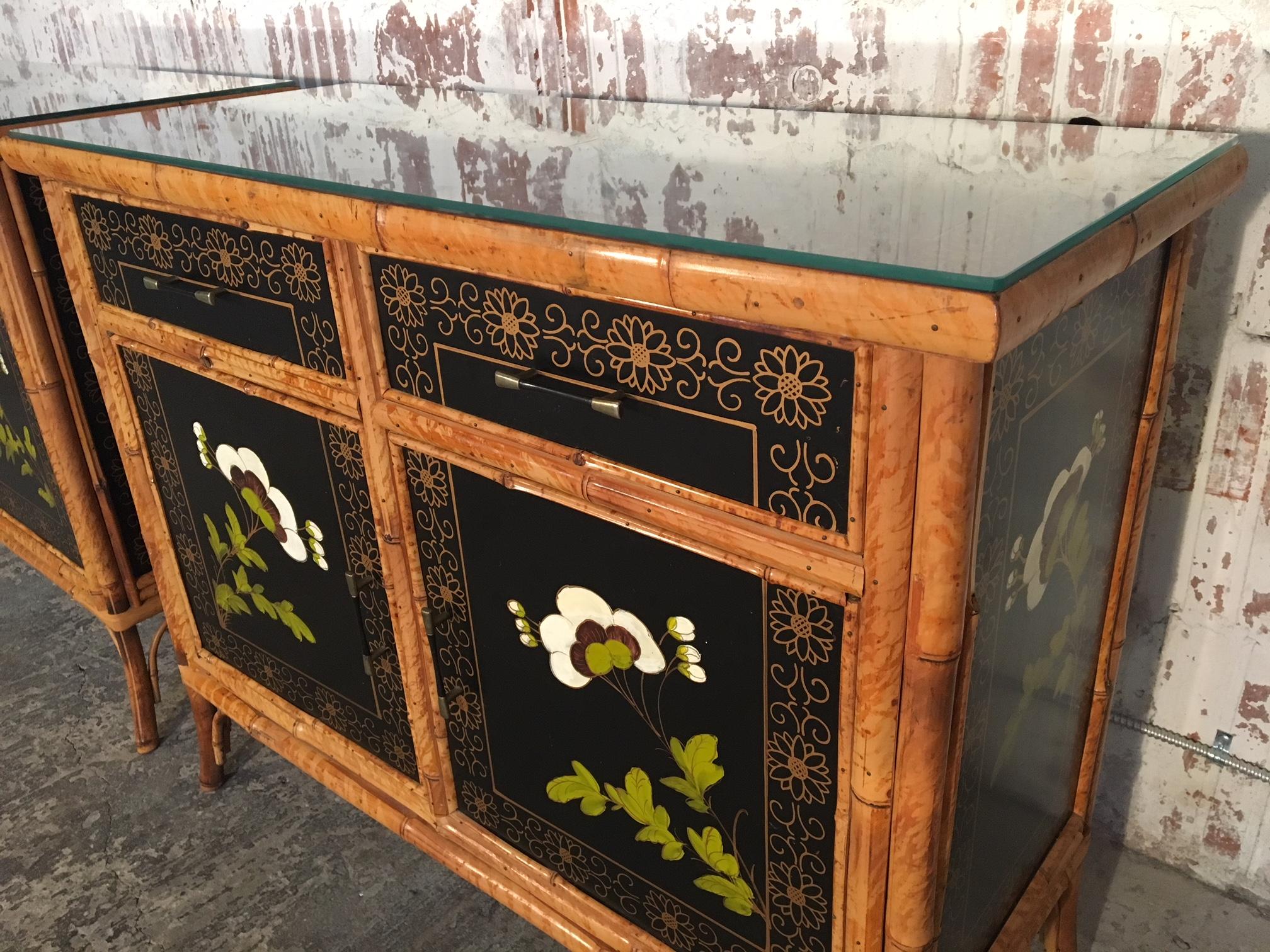 Pair of Asian Hand-Painted Bamboo Cabinets, circa 1950s 3