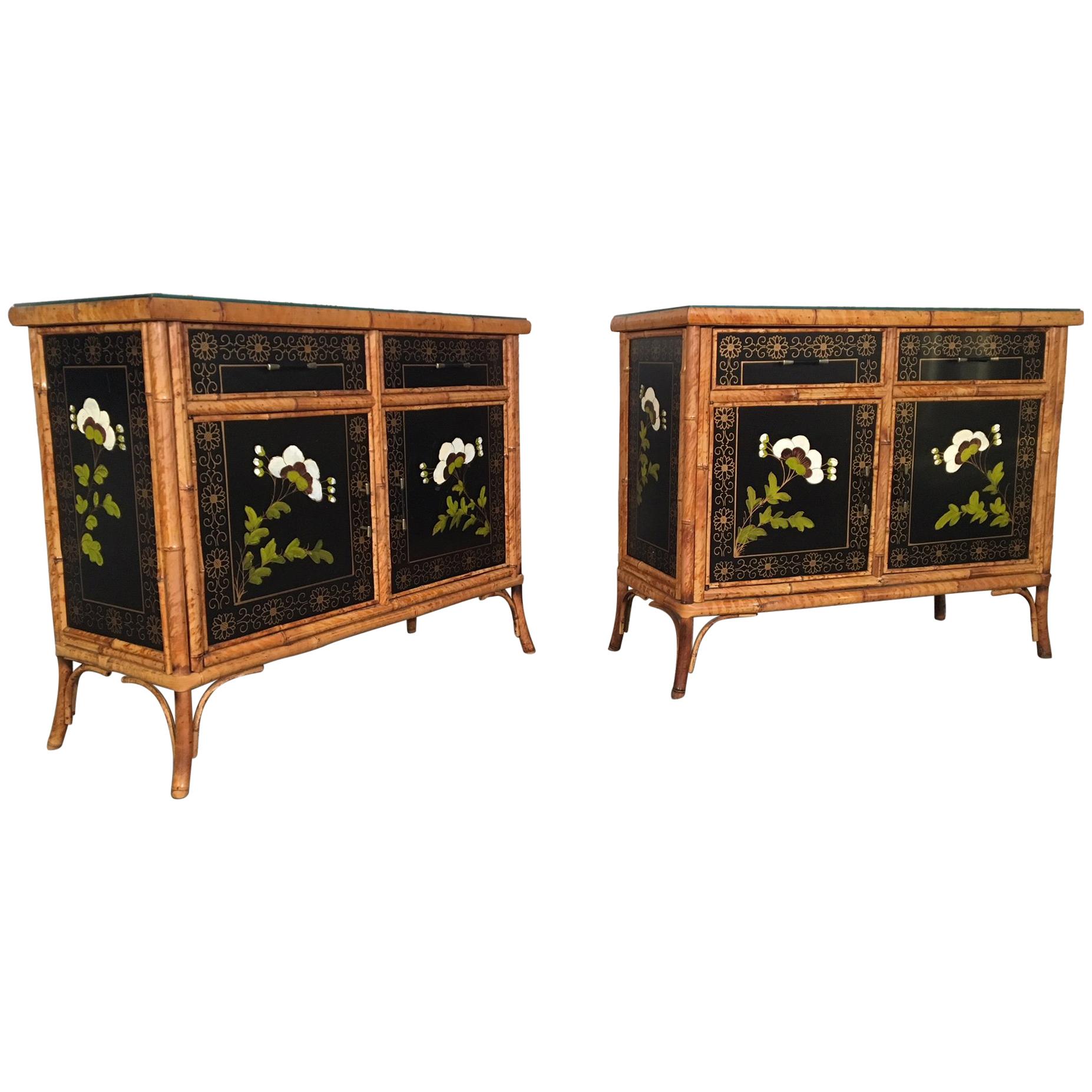 Pair of Asian Hand-Painted Bamboo Cabinets, circa 1950s