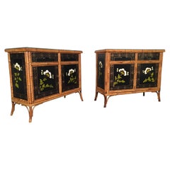 Pair of Asian Hand Painted Bamboo Cabinets, circa 1950s