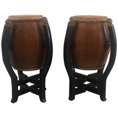Pair of Asian Hardwood Drums with Collapsible Stands