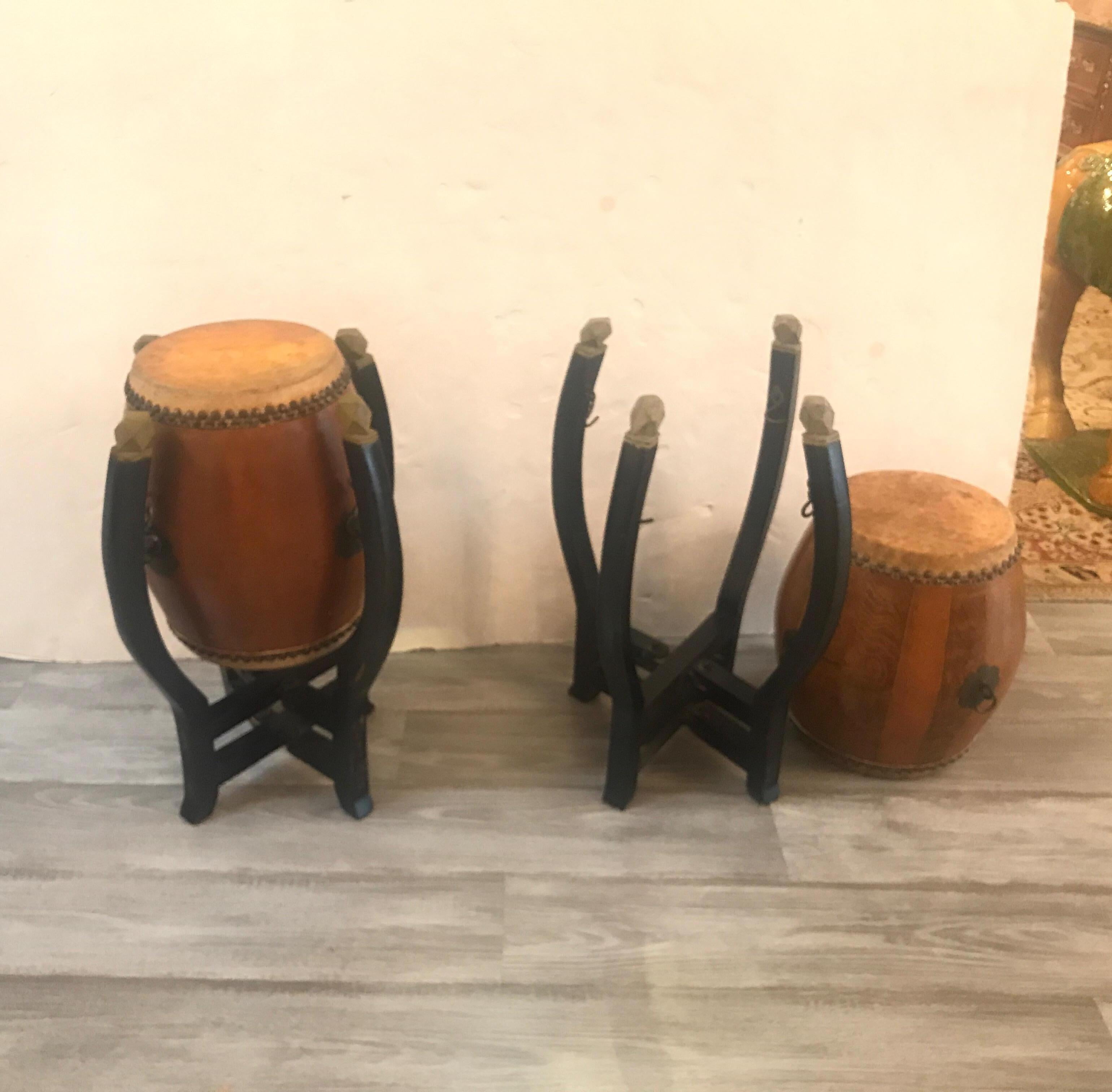Pair of Asian Hardwood Drums with Collapsible Stands In Good Condition In Lambertville, NJ