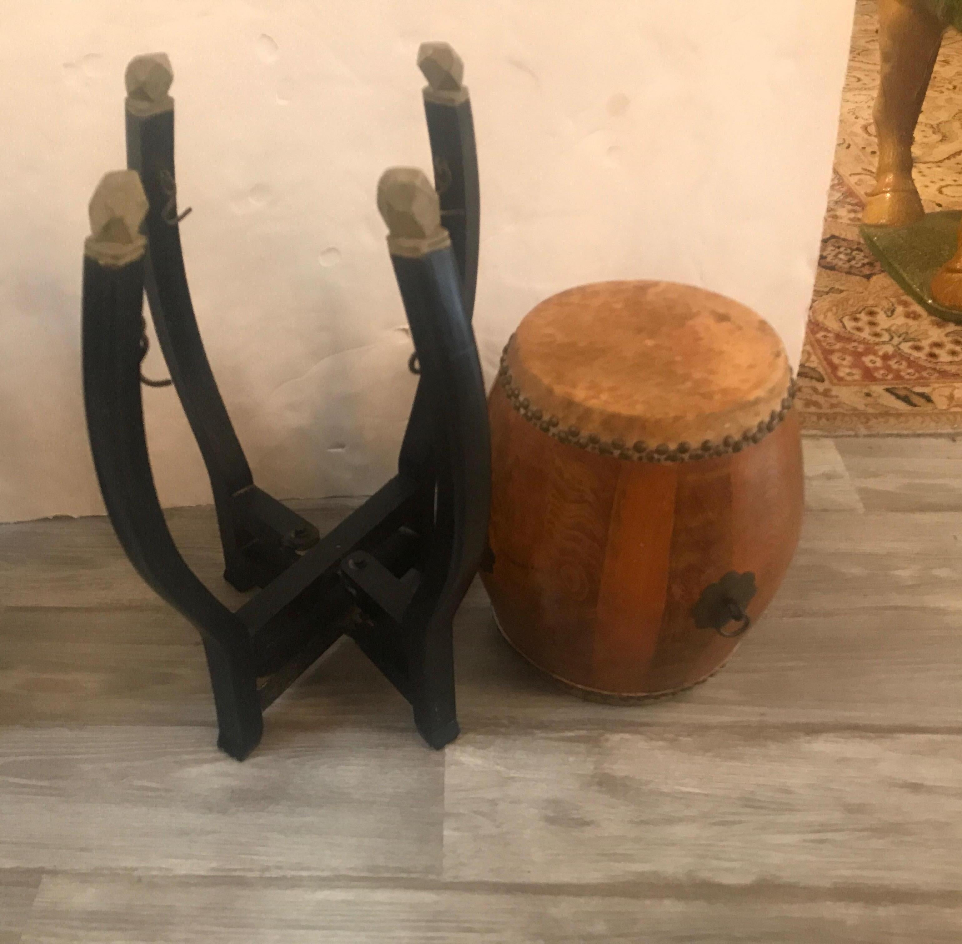 Early 20th Century Pair of Asian Hardwood Drums with Collapsible Stands