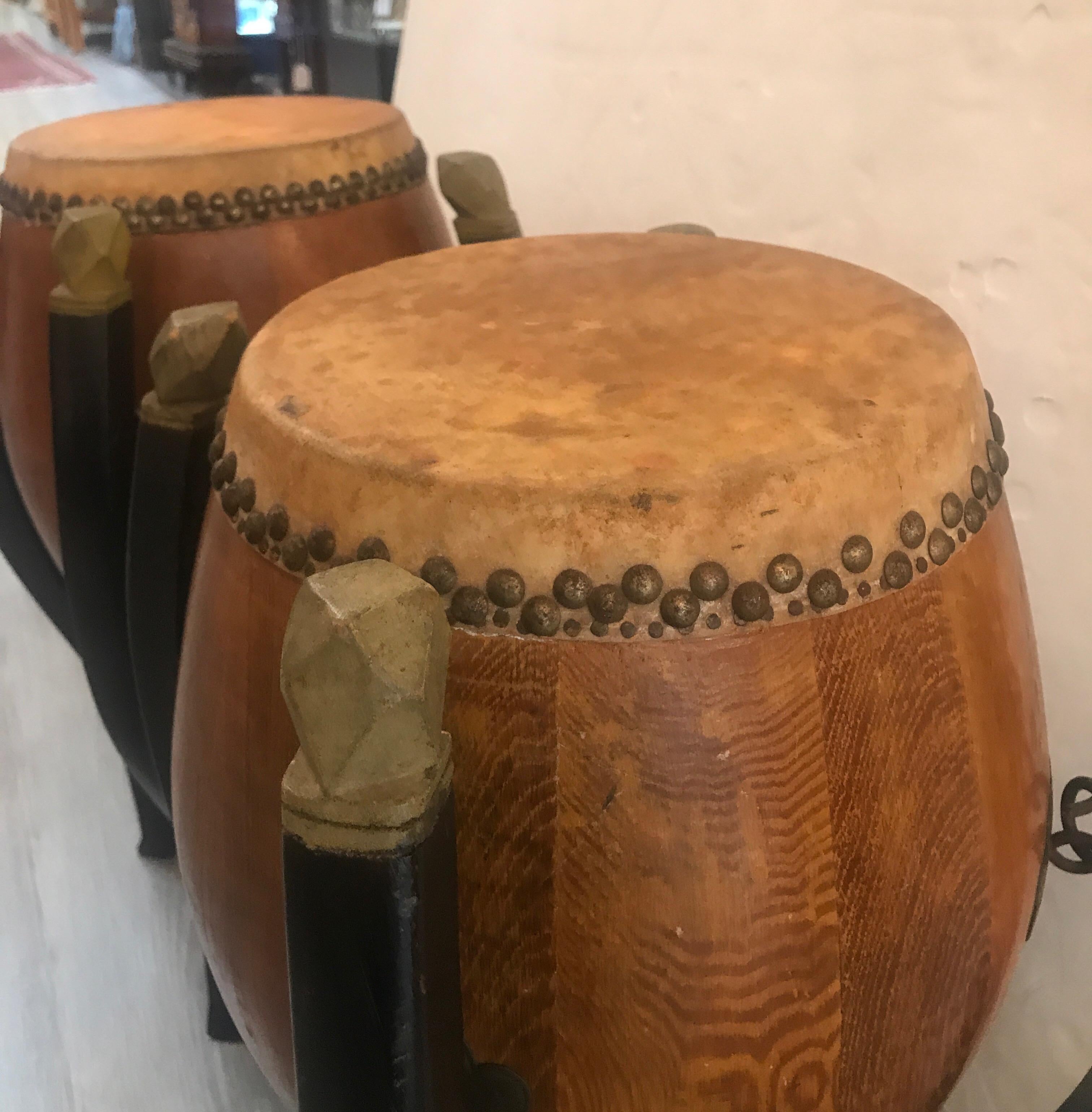 Animal Skin Pair of Asian Hardwood Drums with Collapsible Stands