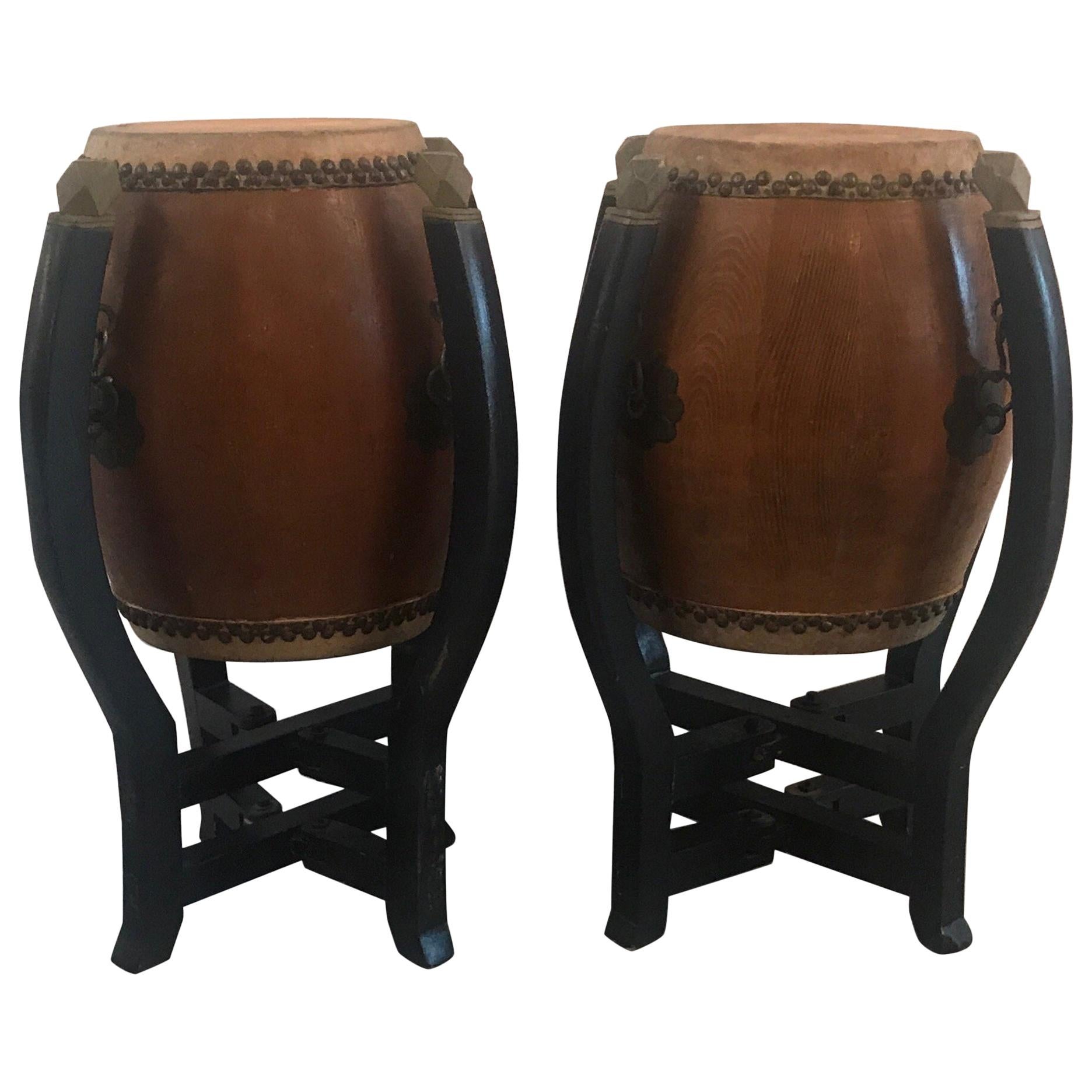 Pair of Asian Hardwood Drums with Collapsible Stands