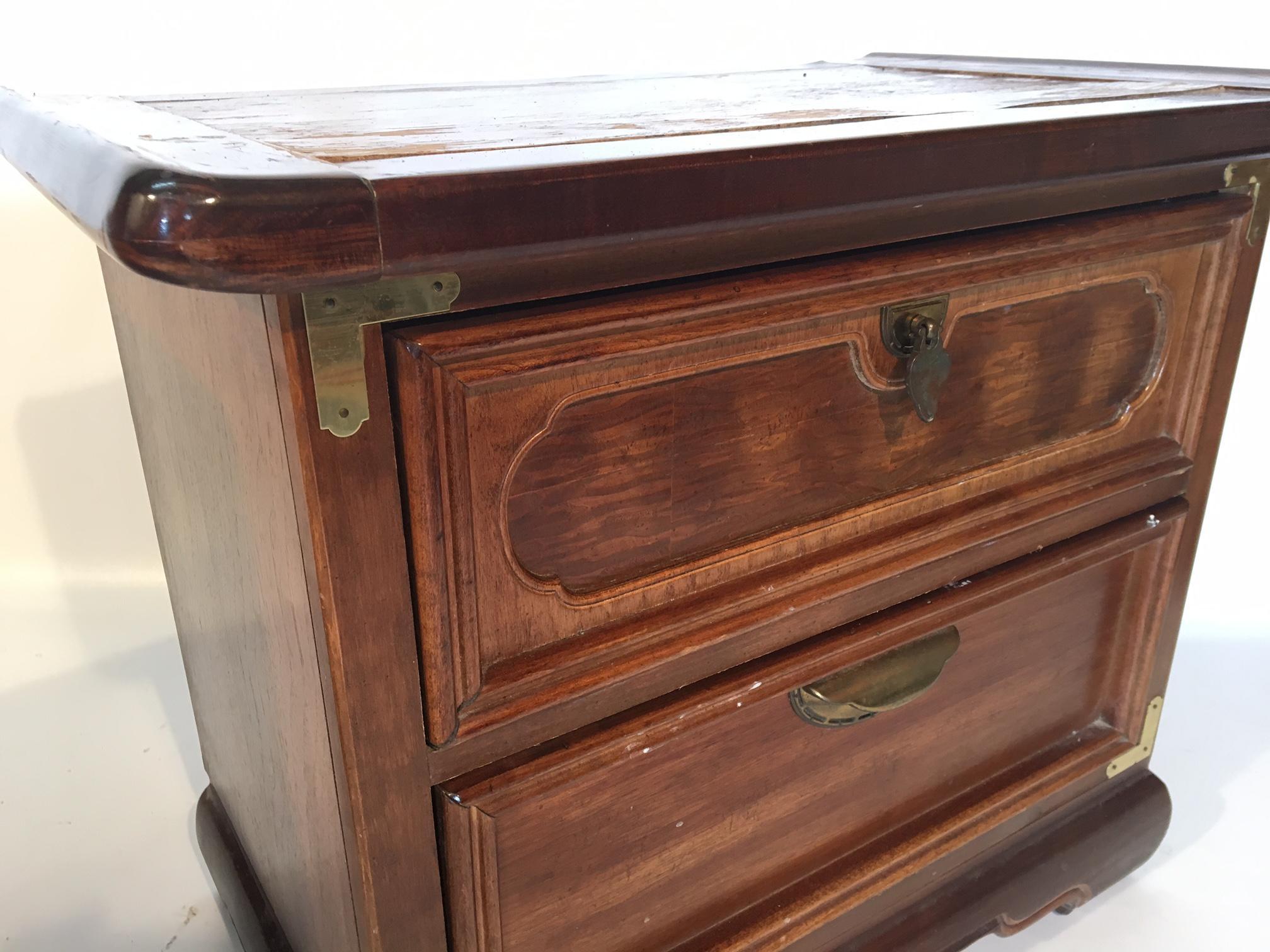 Chinoiserie Pair of Asian Heavy Wood Nightstands