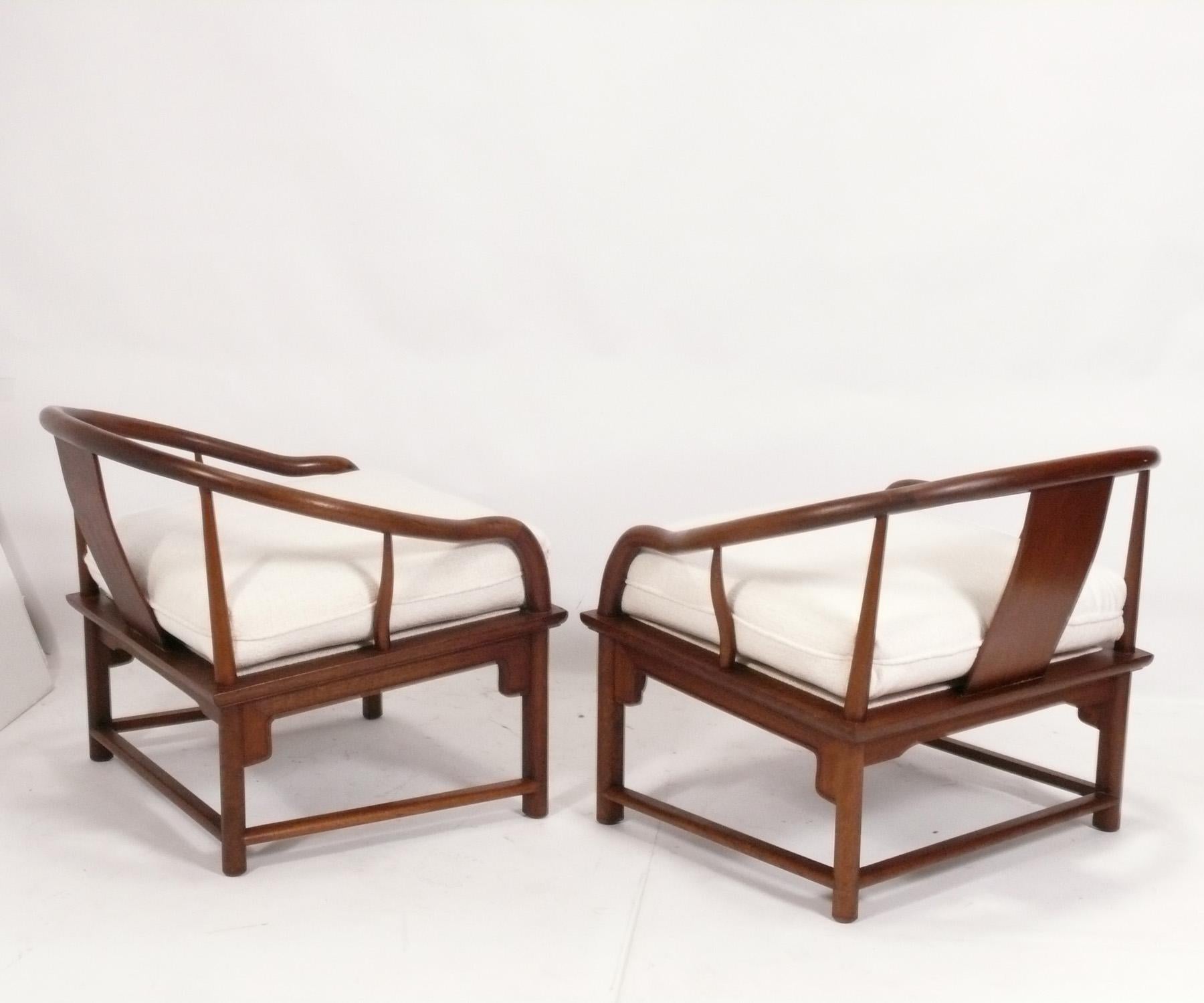 American Pair of Asian Influenced Horseshoe Back Lounge Chairs by Michael Taylor Baker For Sale