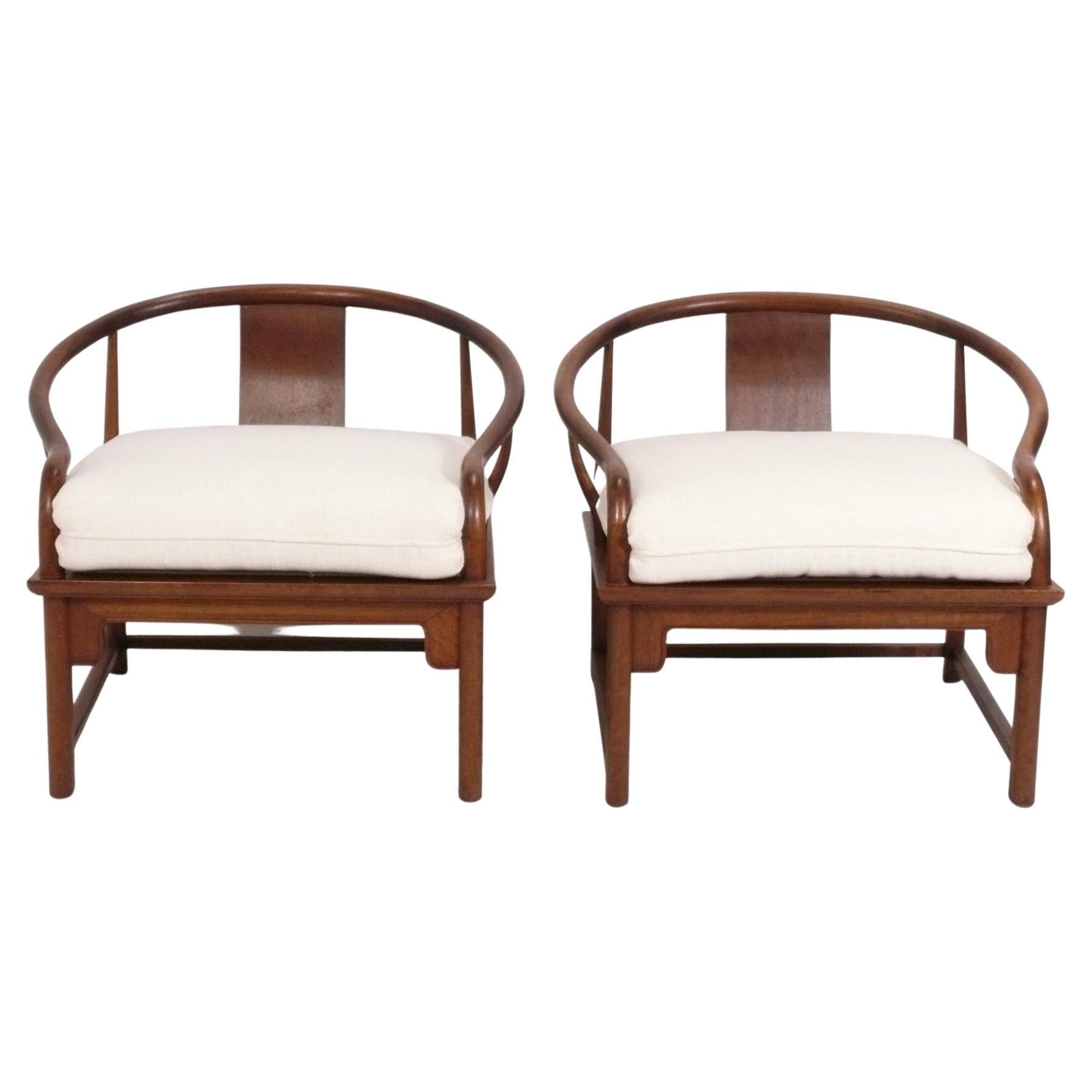 Pair of Asian Influenced Horseshoe Back Lounge Chairs by Michael Taylor Baker For Sale