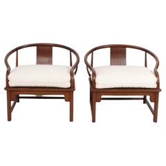 Vintage Pair of Asian Influenced Horseshoe Back Lounge Chairs by Michael Taylor Baker