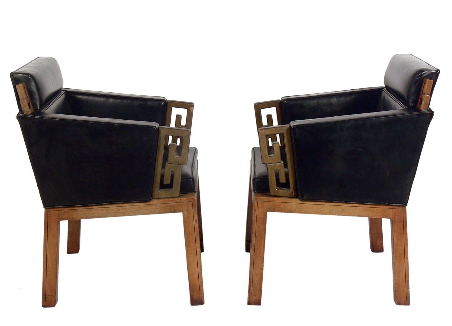 Pair of Asian influenced leather lounge chairs, attributed to James Mont, American, circa 1950s.