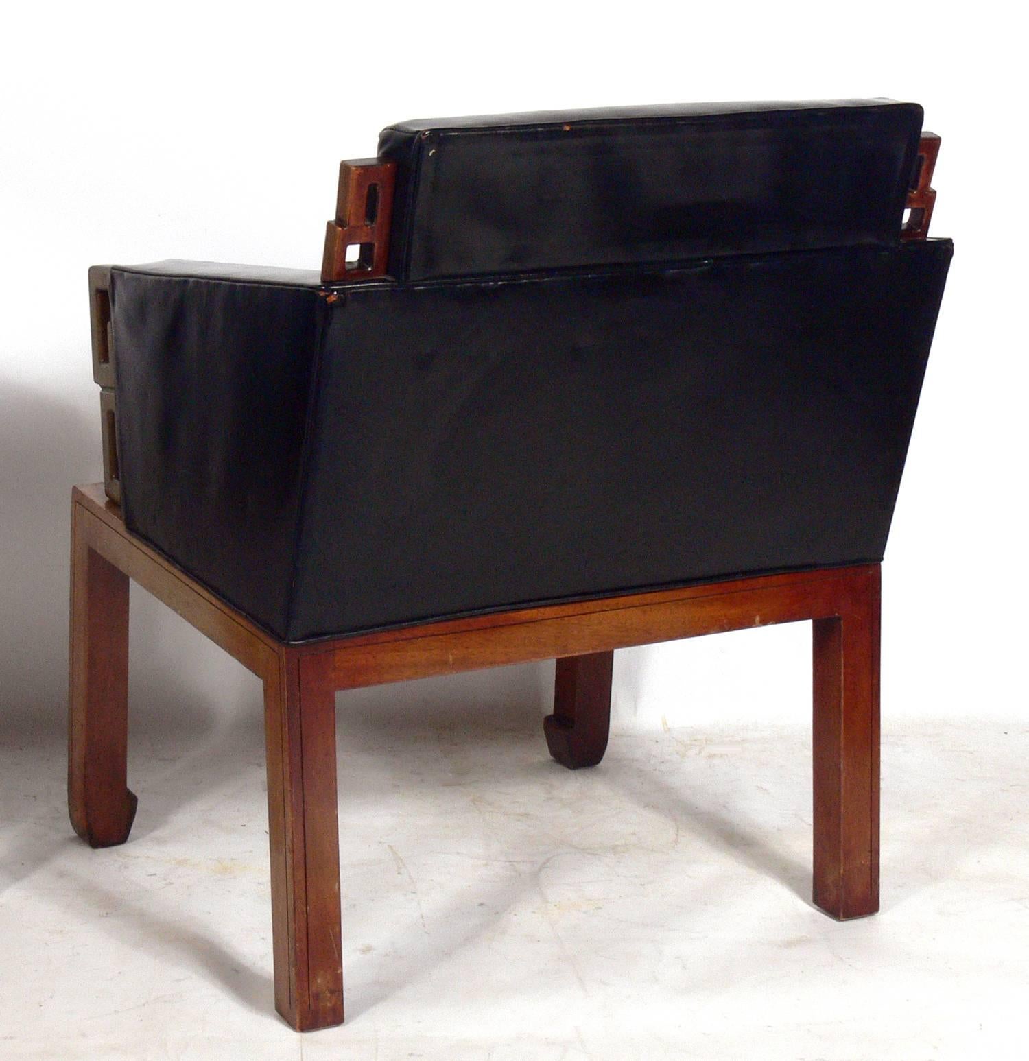 Mid-Century Modern Pair of Asian Influenced Leather Lounge Chairs Attributed to James Mont