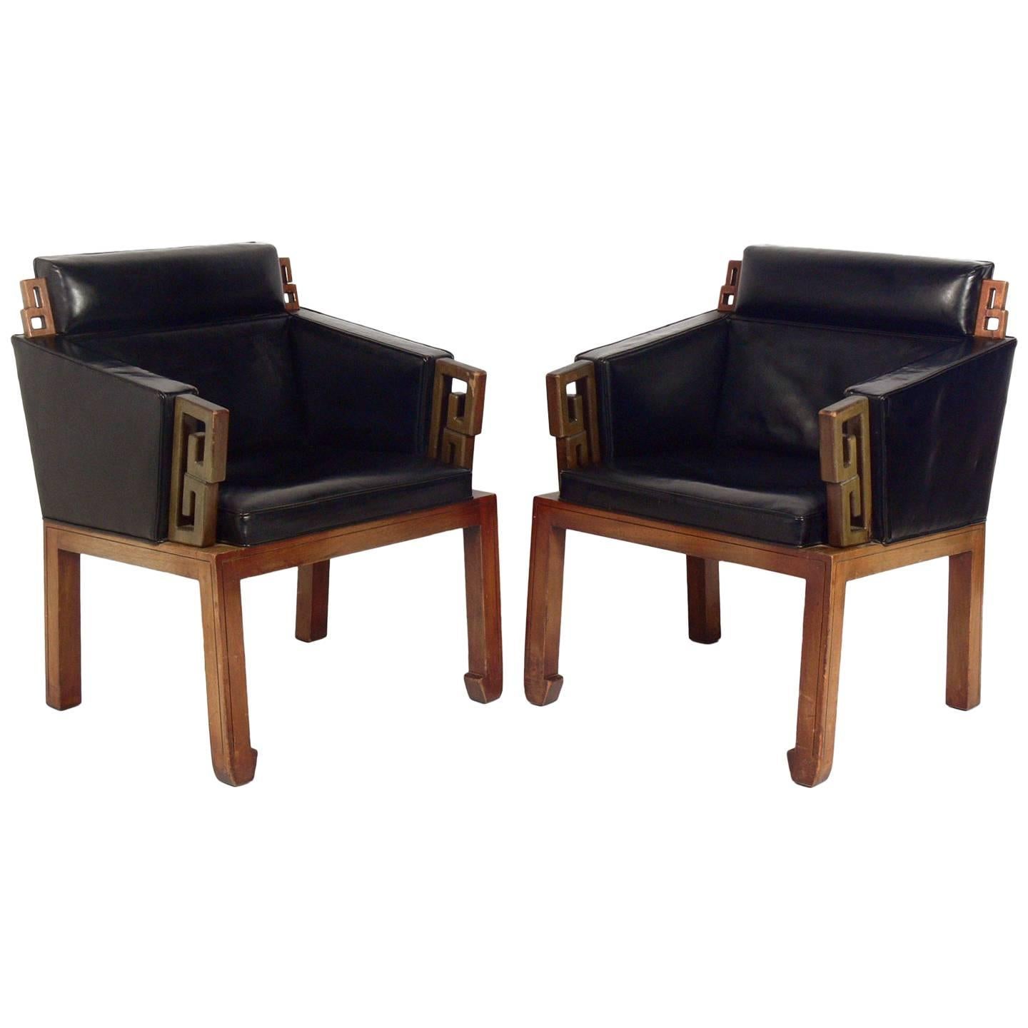 Pair of Asian Influenced Leather Lounge Chairs Attributed to James Mont