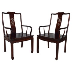 Pair of Asian Inlaid Wooden Armchairs, Mid-20th Century