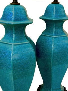 Pair of Asian-Inspired 1960s Teal Crackle-Glazed Ginger Jar Lamps