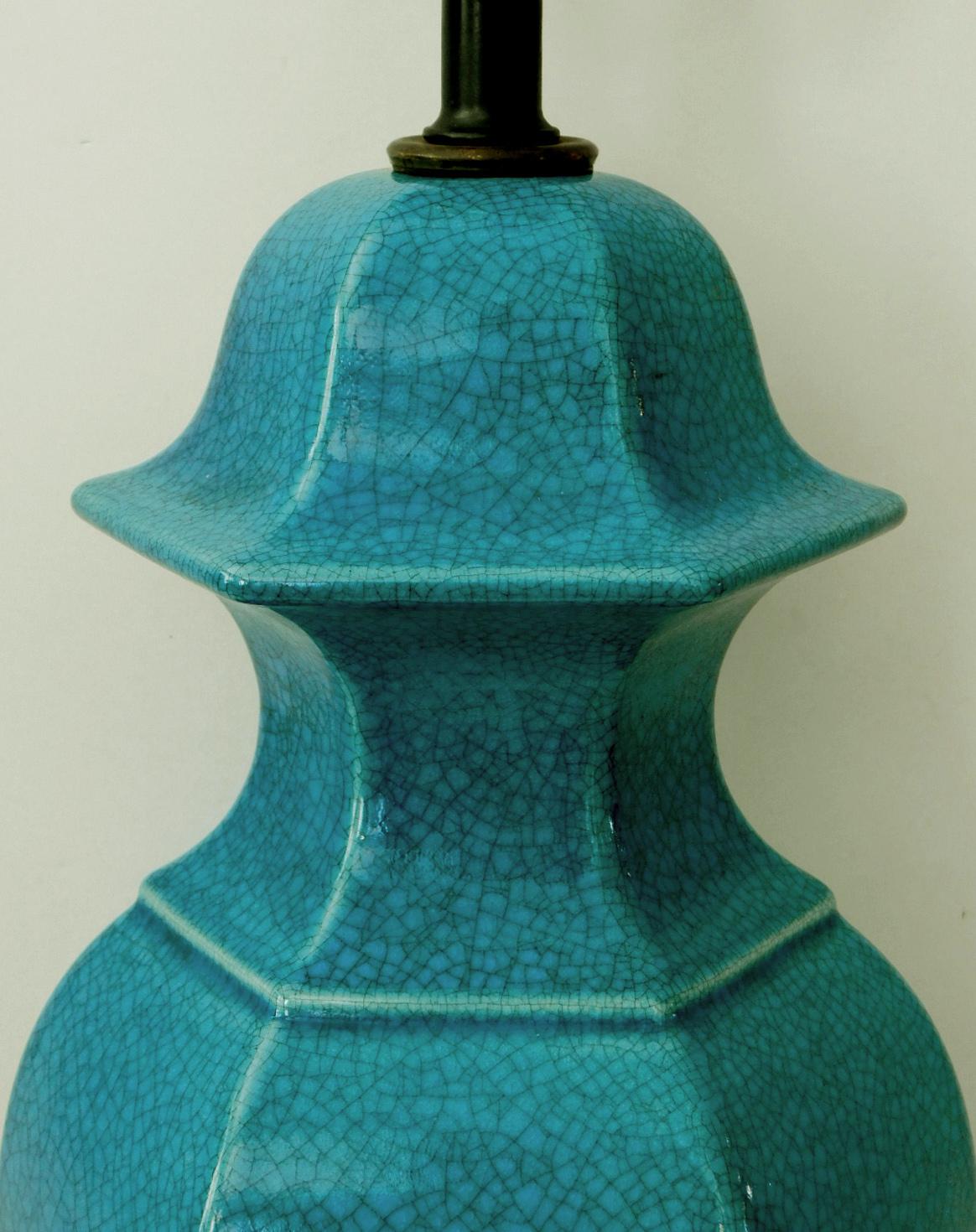 Pair of Asian-Inspired 1960s Teal Crackle-Glazed Ginger Jar Lamps In Good Condition For Sale In San Francisco, CA