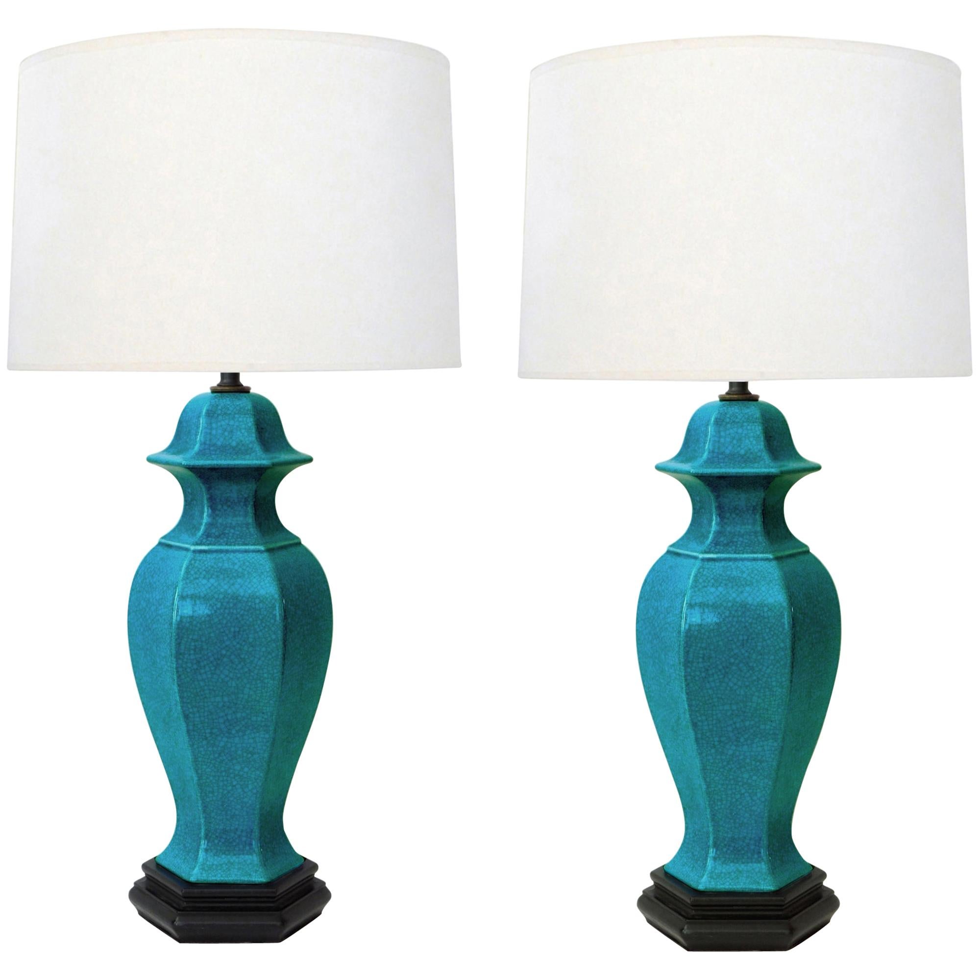 Pair of Asian-Inspired 1960s Teal Crackle-Glazed Ginger Jar Lamps For Sale