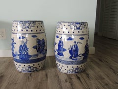 Pair of Asian Inspired Blue and White Round Garden Stools