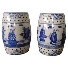 Pair of Asian Inspired Blue and White Round Garden Stools