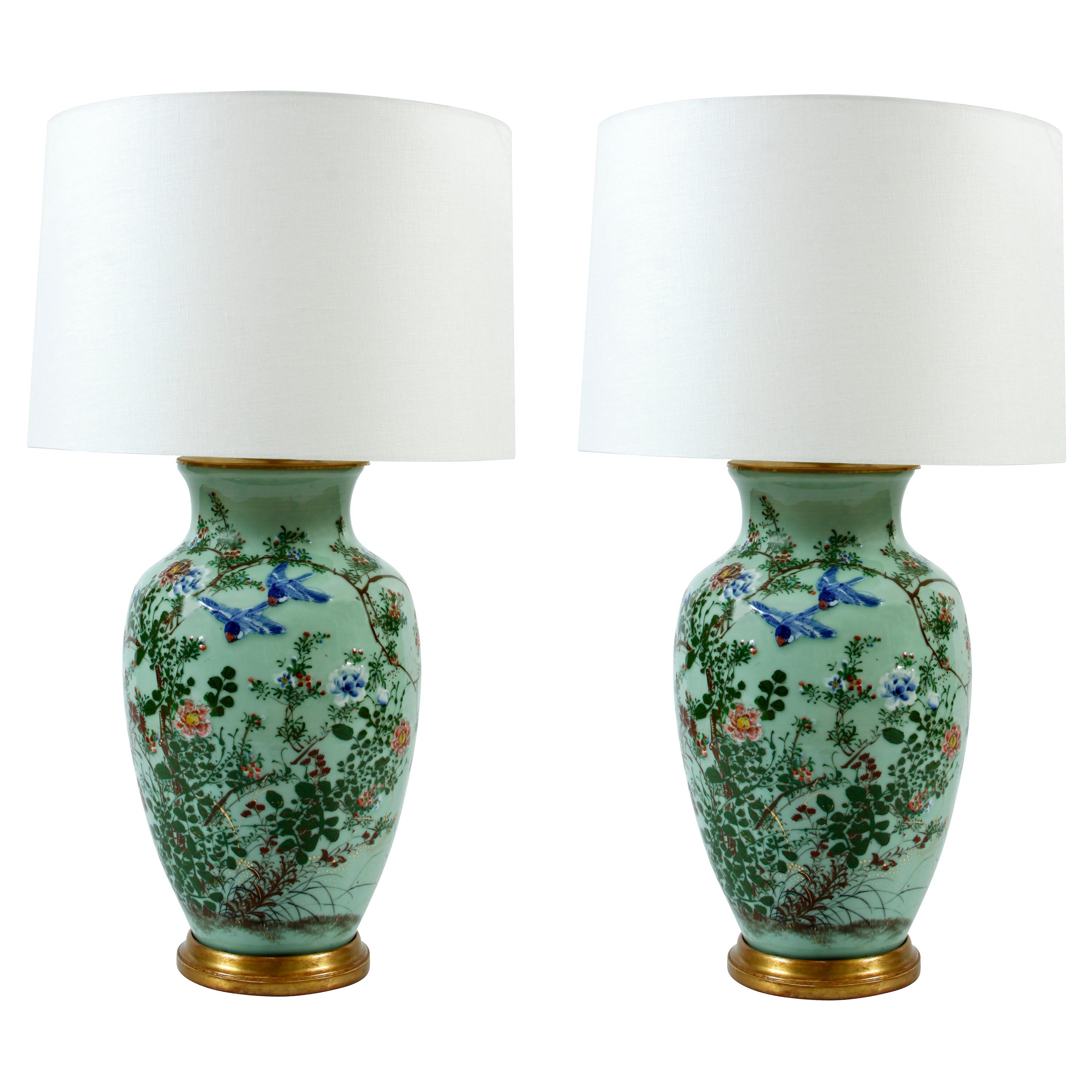 Pair of Celadon Chinese Lamps For Sale at 1stDibs
