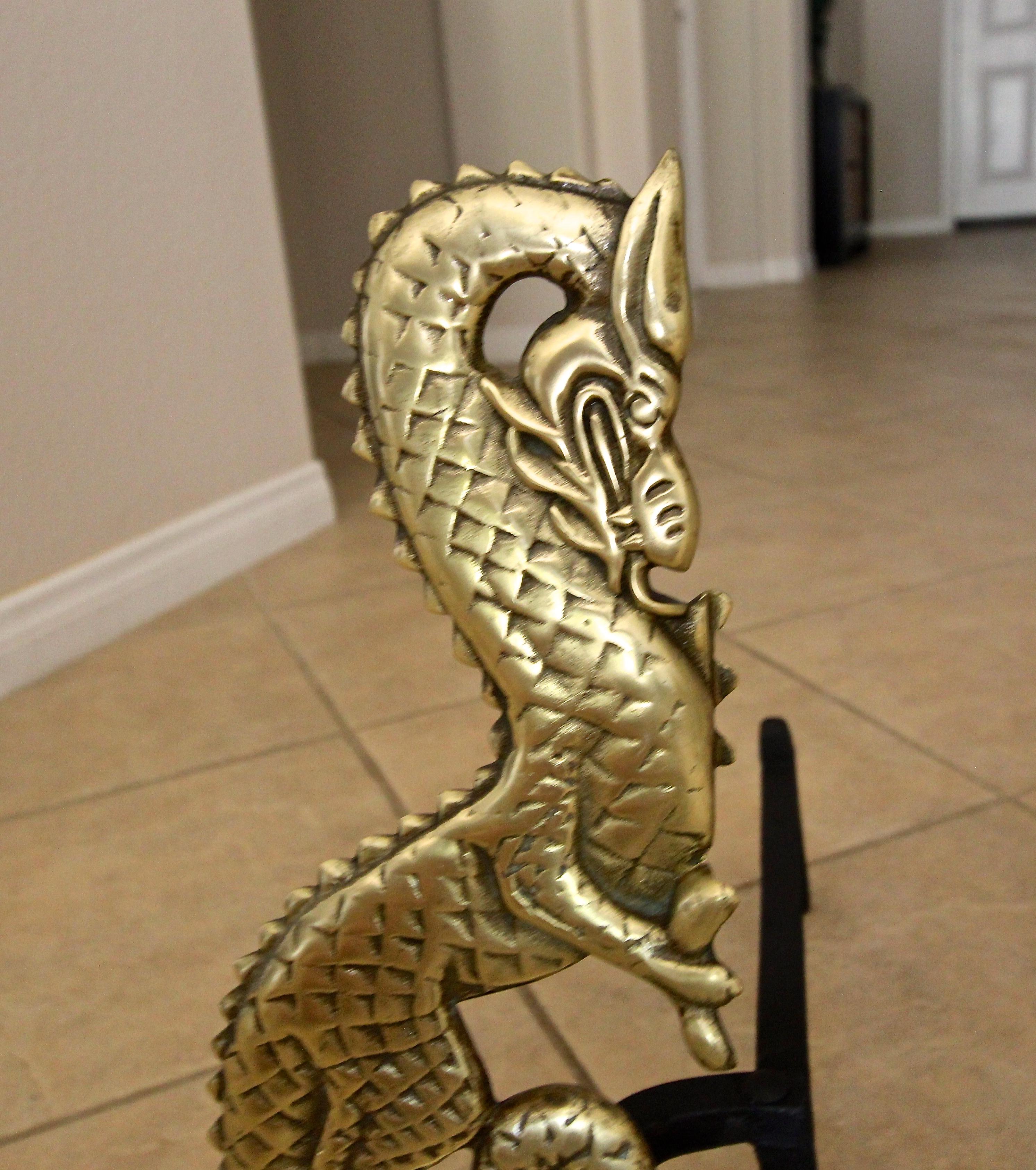 Pair of Asian Inspired Dragon Mid-Century Modern Brass Andirons 4