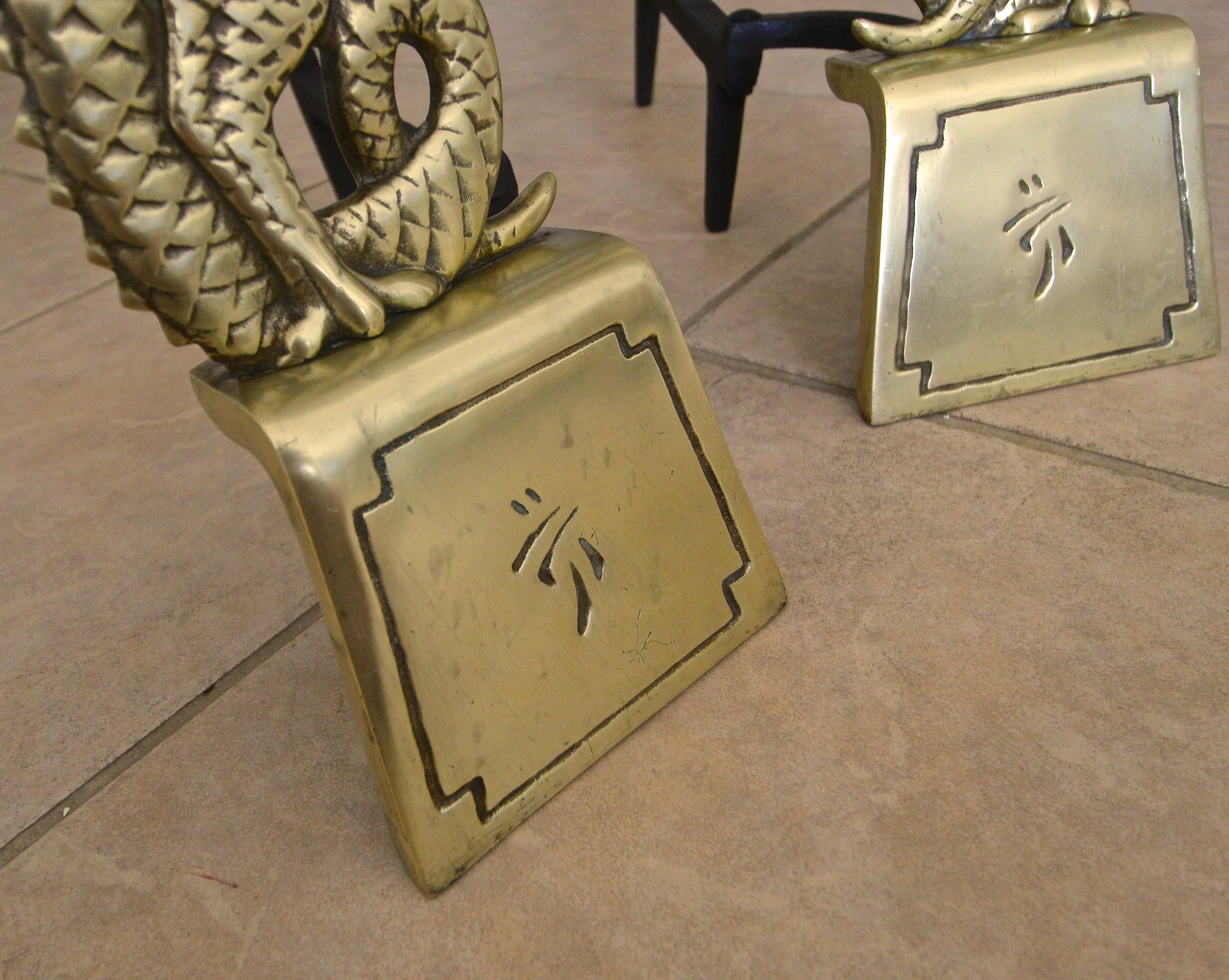 Pair of Asian Inspired Dragon Mid-Century Modern Brass Andirons 5