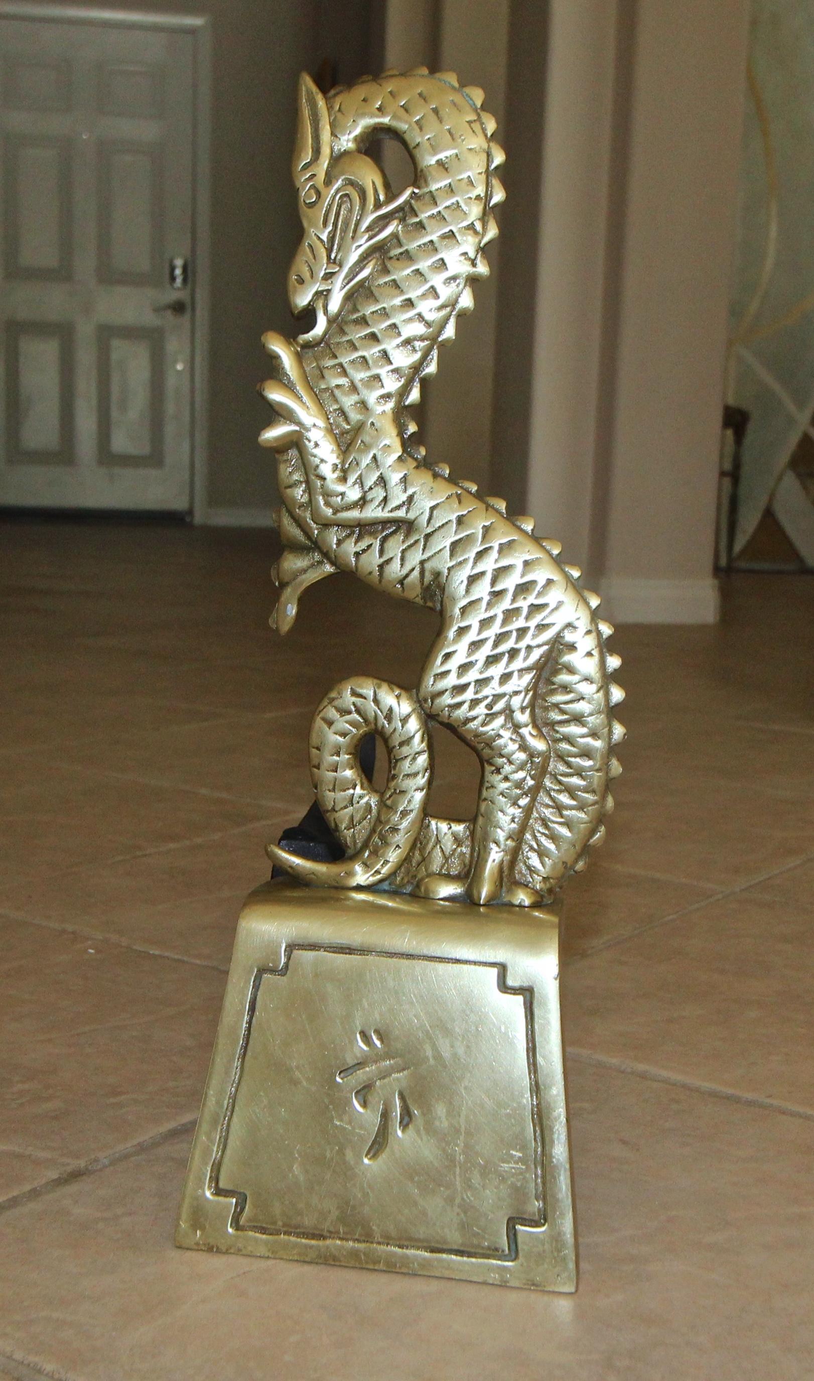 Pair of Asian Inspired Dragon Mid-Century Modern Brass Andirons 7