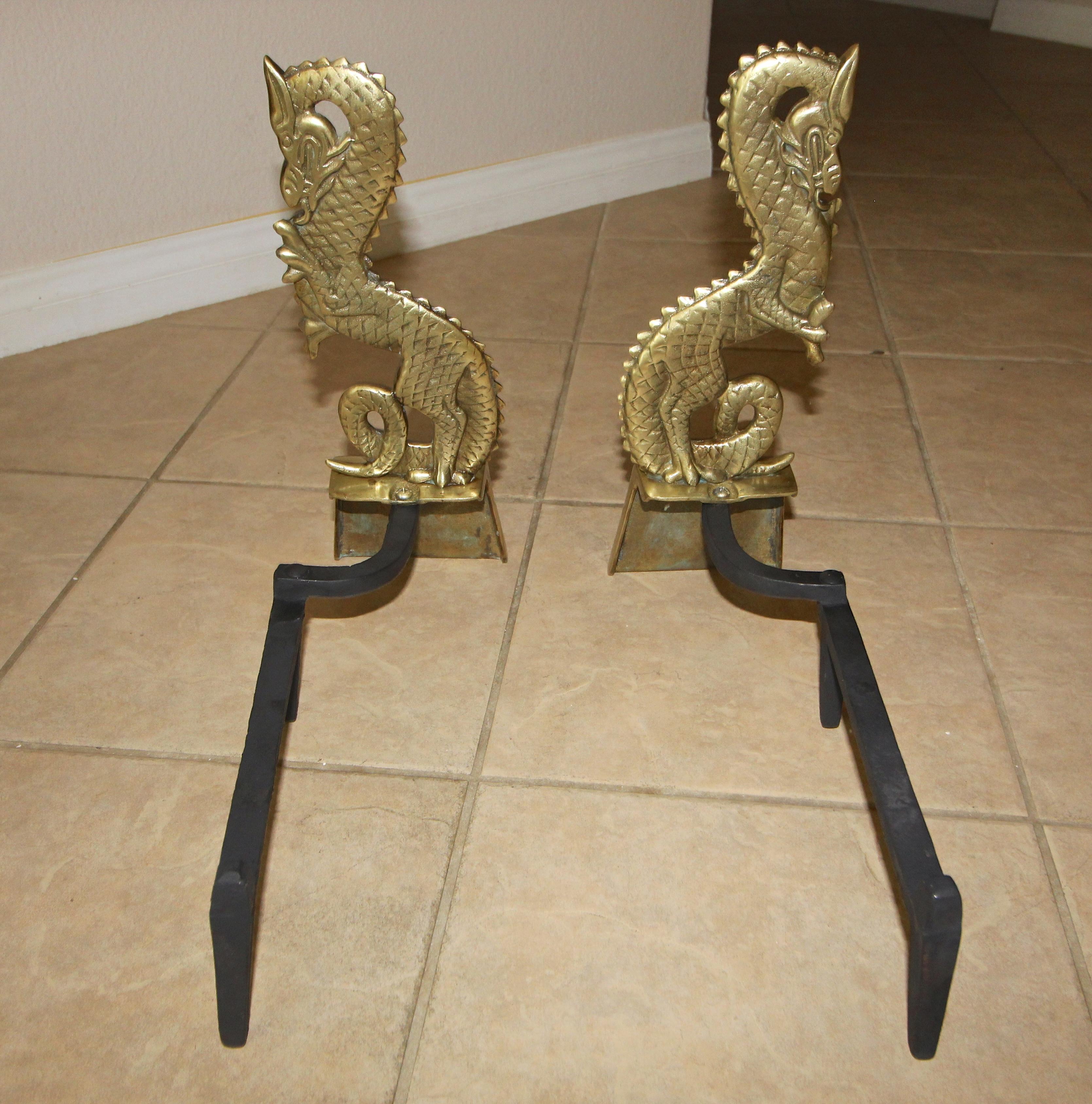Pair of Asian Inspired Dragon Mid-Century Modern Brass Andirons 8