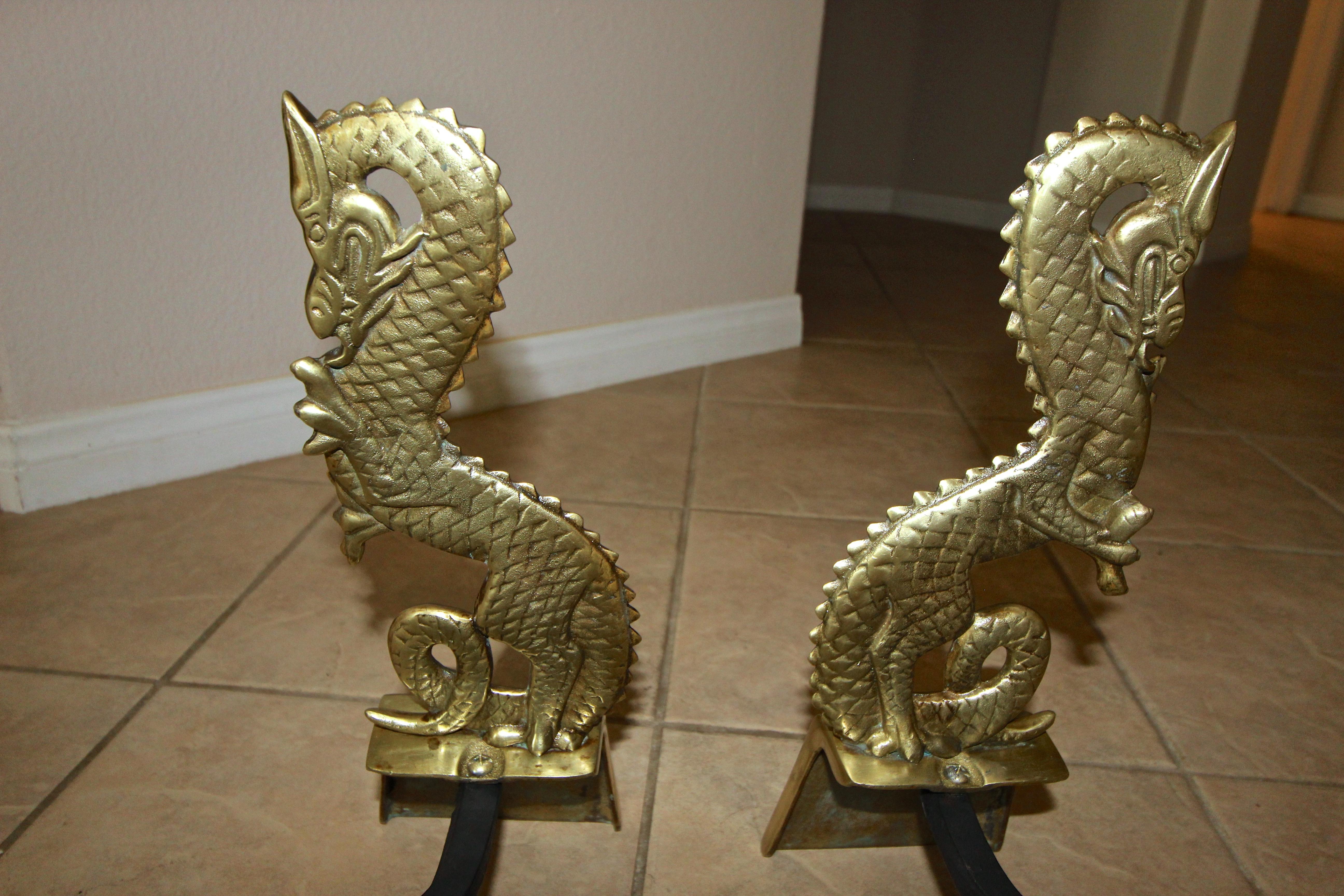 Pair of Asian Inspired Dragon Mid-Century Modern Brass Andirons 9