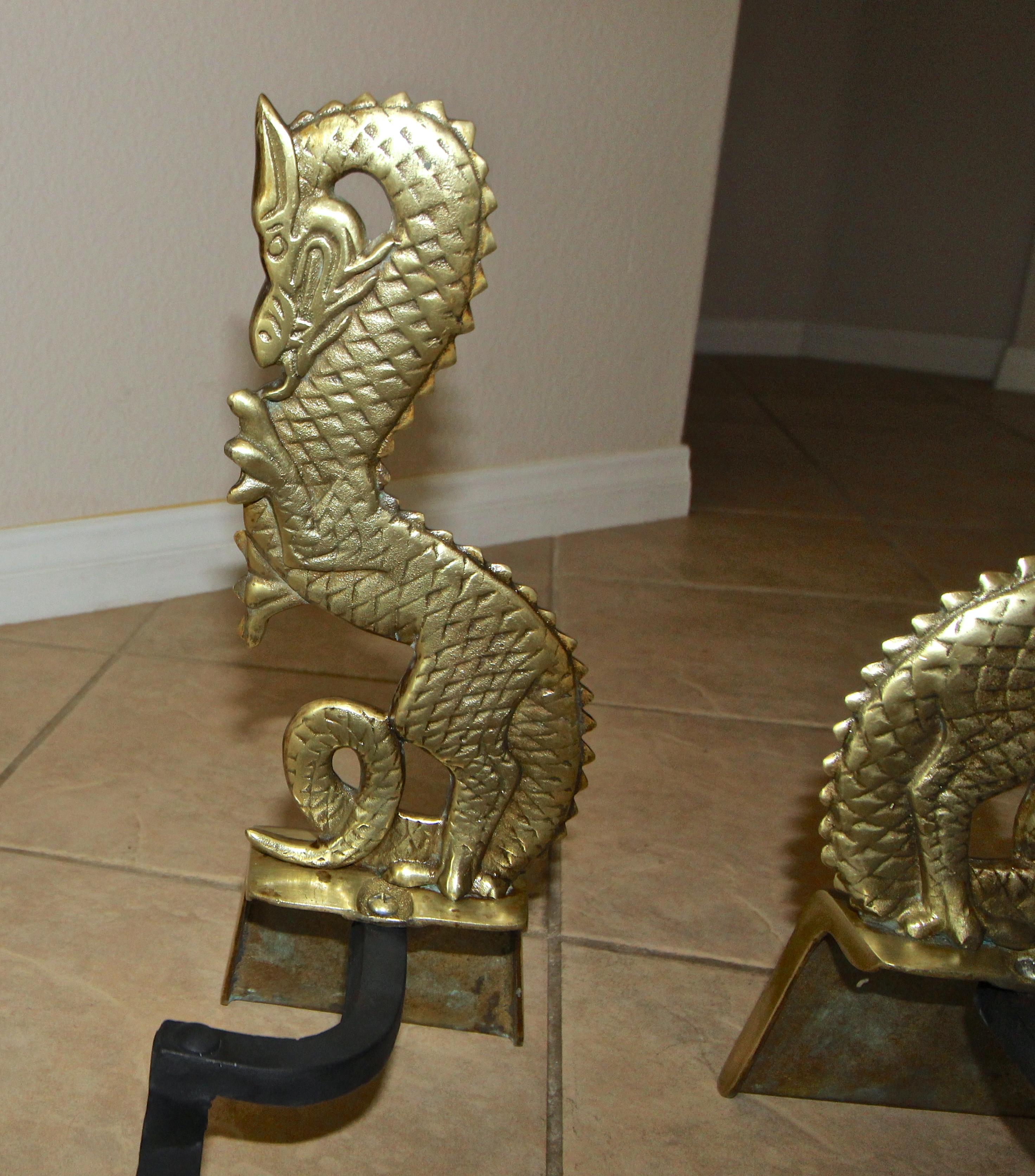 Pair of Asian Inspired Dragon Mid-Century Modern Brass Andirons 10