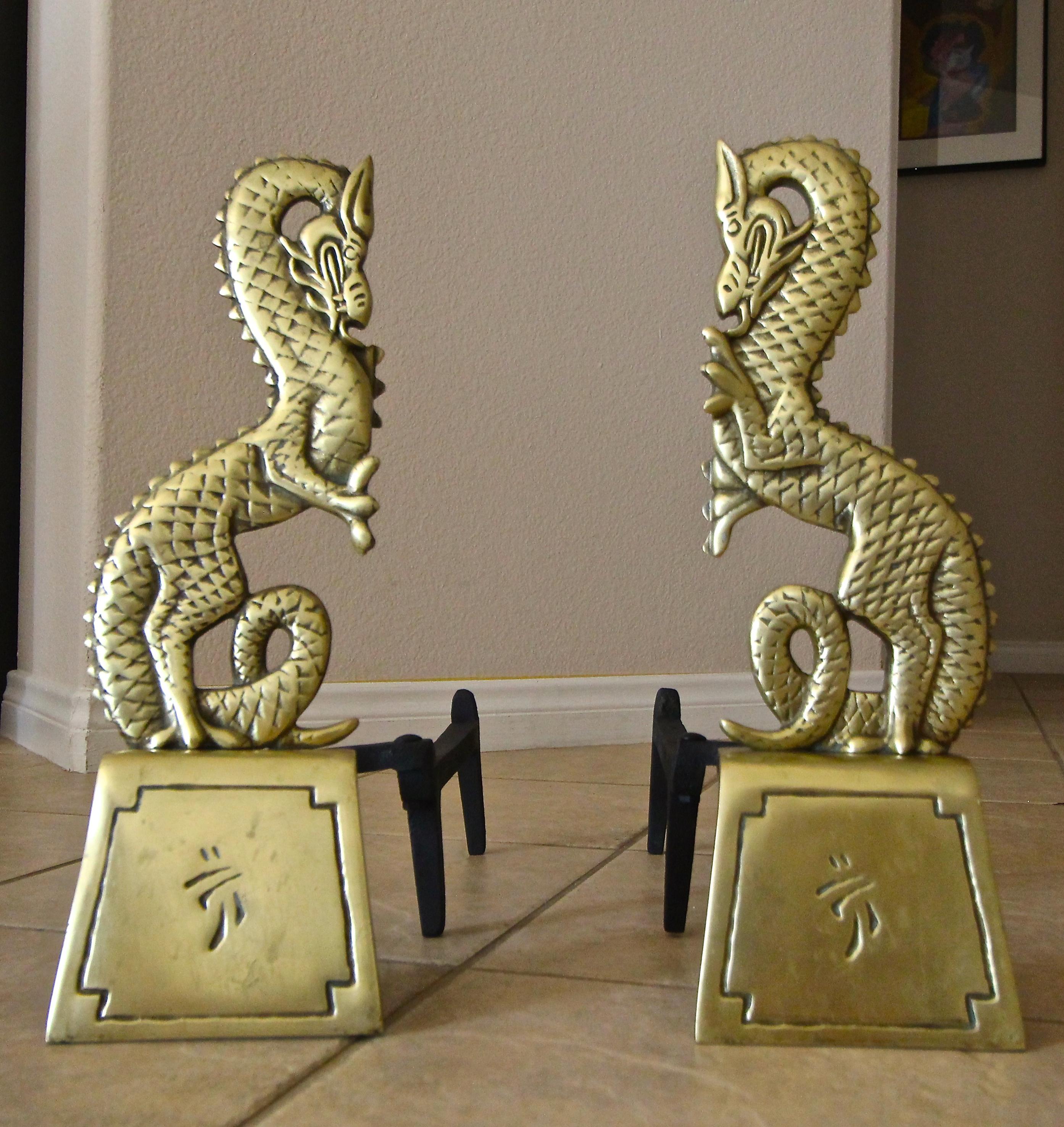 Pair of Asian Inspired Dragon Mid-Century Modern Brass Andirons 12