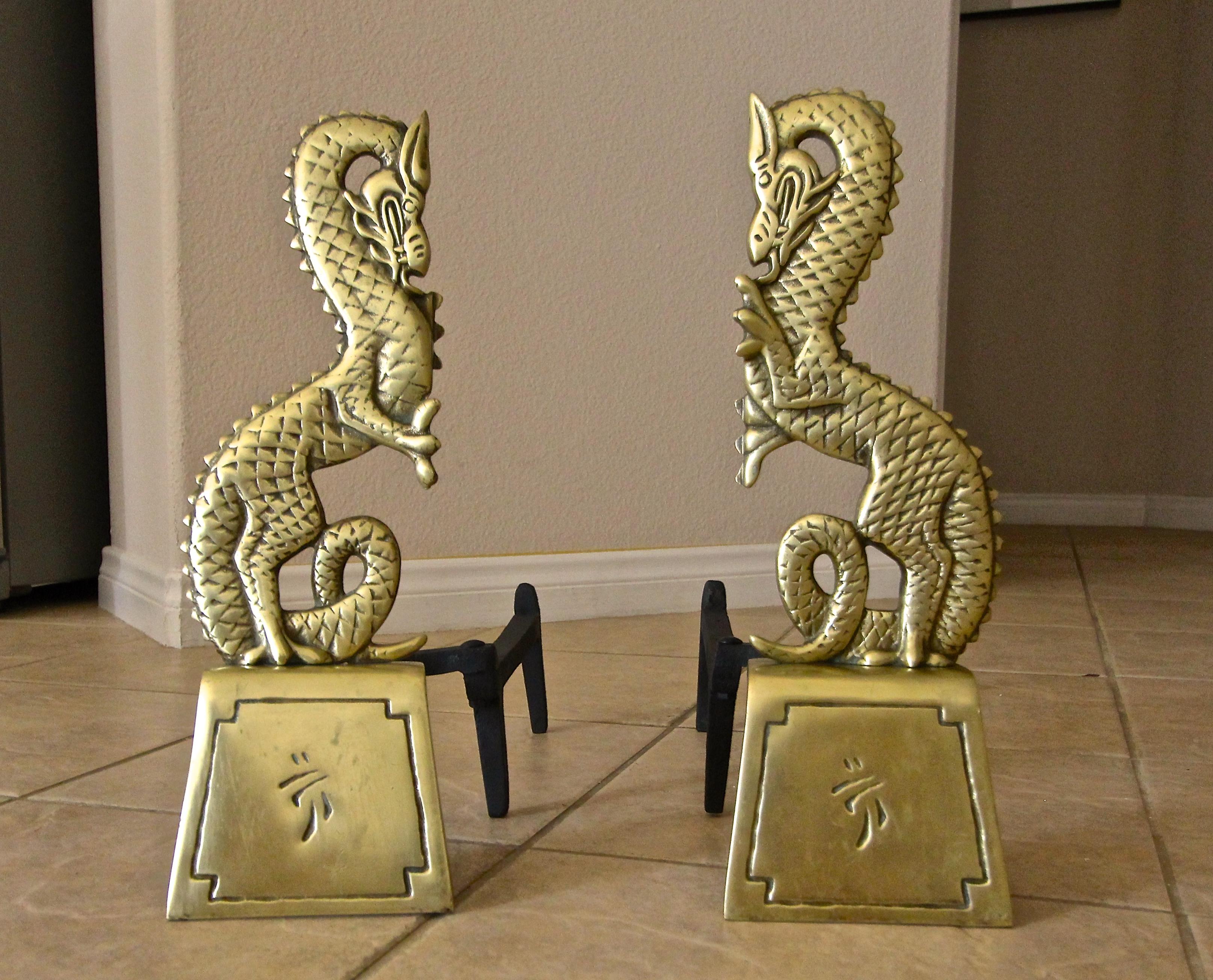 American Pair of Asian Inspired Dragon Mid-Century Modern Brass Andirons