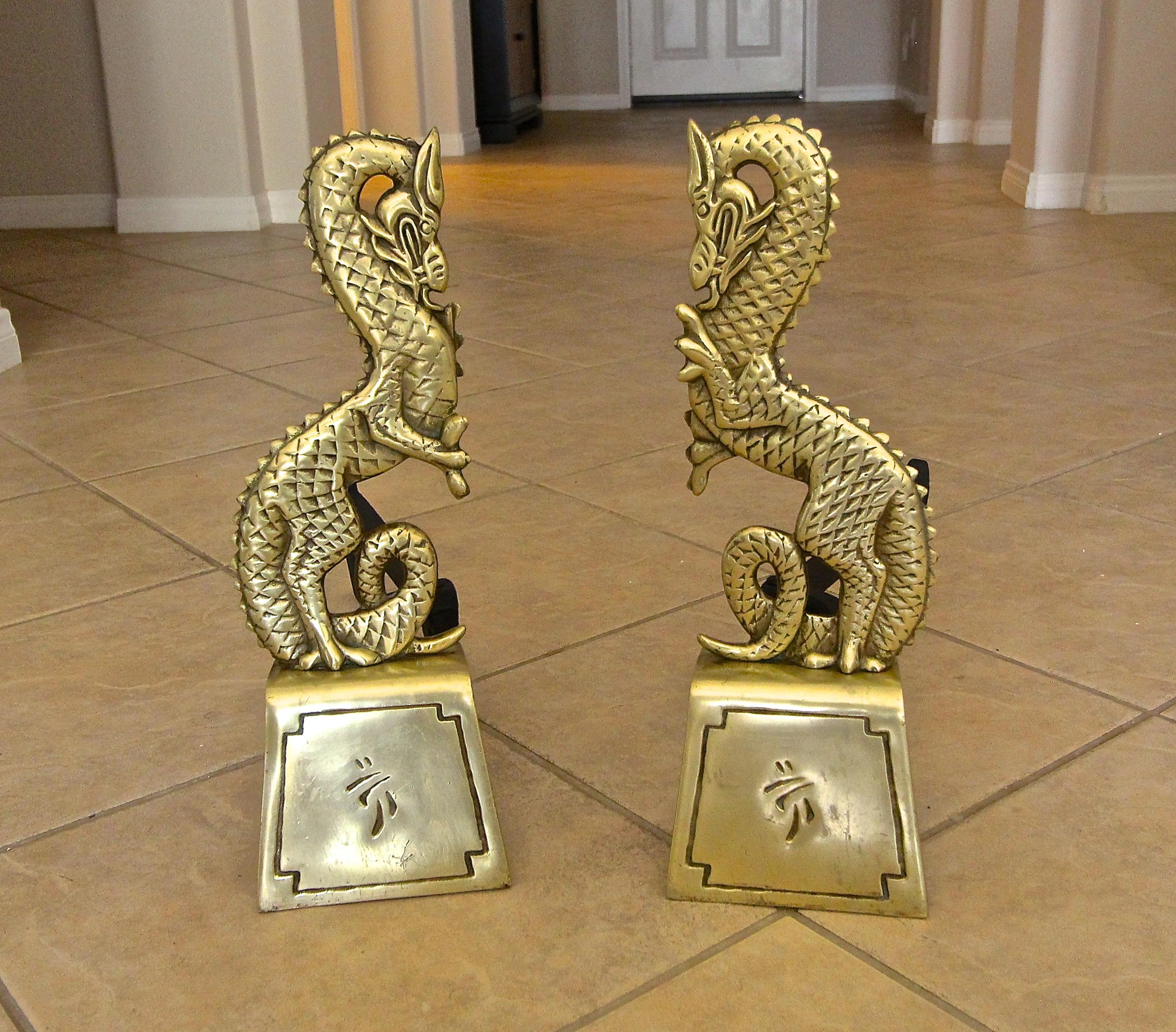 Mid-20th Century Pair of Asian Inspired Dragon Mid-Century Modern Brass Andirons