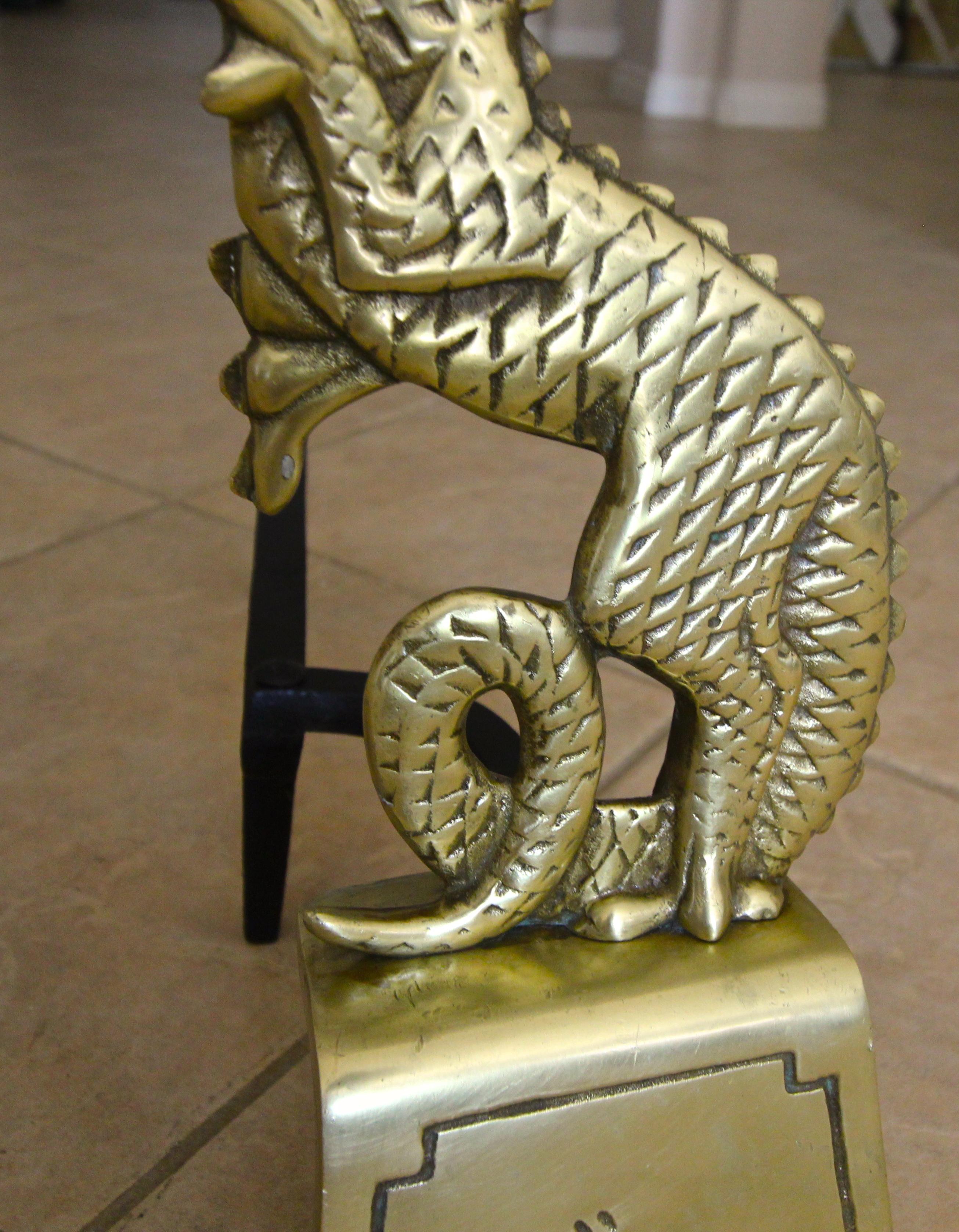 Pair of Asian Inspired Dragon Mid-Century Modern Brass Andirons 2