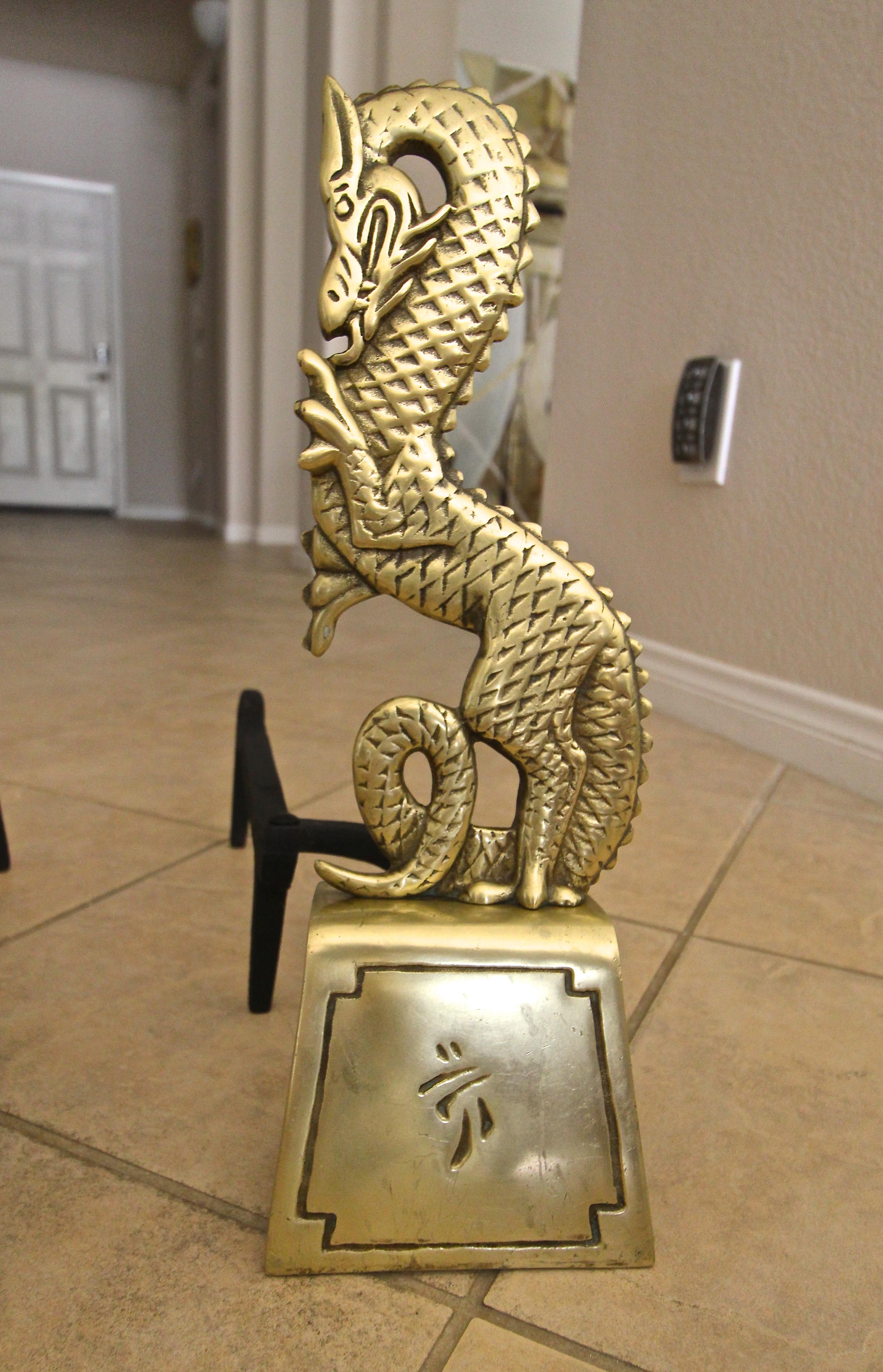 Pair of Asian Inspired Dragon Mid-Century Modern Brass Andirons 3