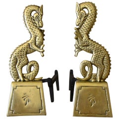 Pair of Asian Inspired Dragon Mid-Century Modern Brass Andirons