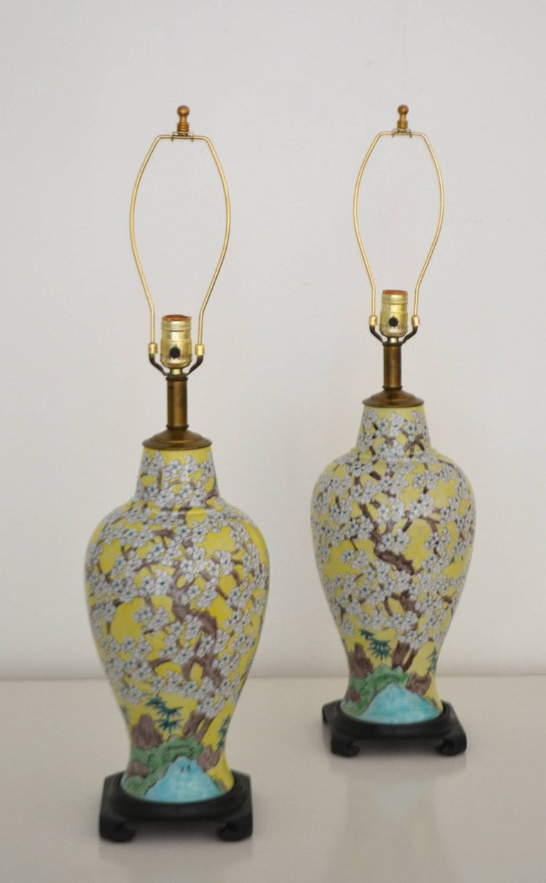 Hollywood Regency Pair of Asian Inspired Polychrome Porcelain Table Lamps For Sale