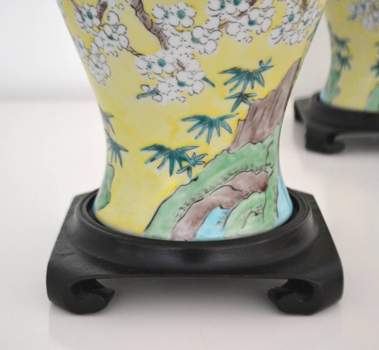 Pair of Asian Inspired Polychrome Porcelain Table Lamps In Good Condition For Sale In West Palm Beach, FL
