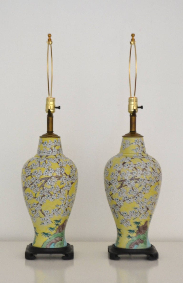 Mid-20th Century Pair of Asian Inspired Polychrome Porcelain Table Lamps For Sale