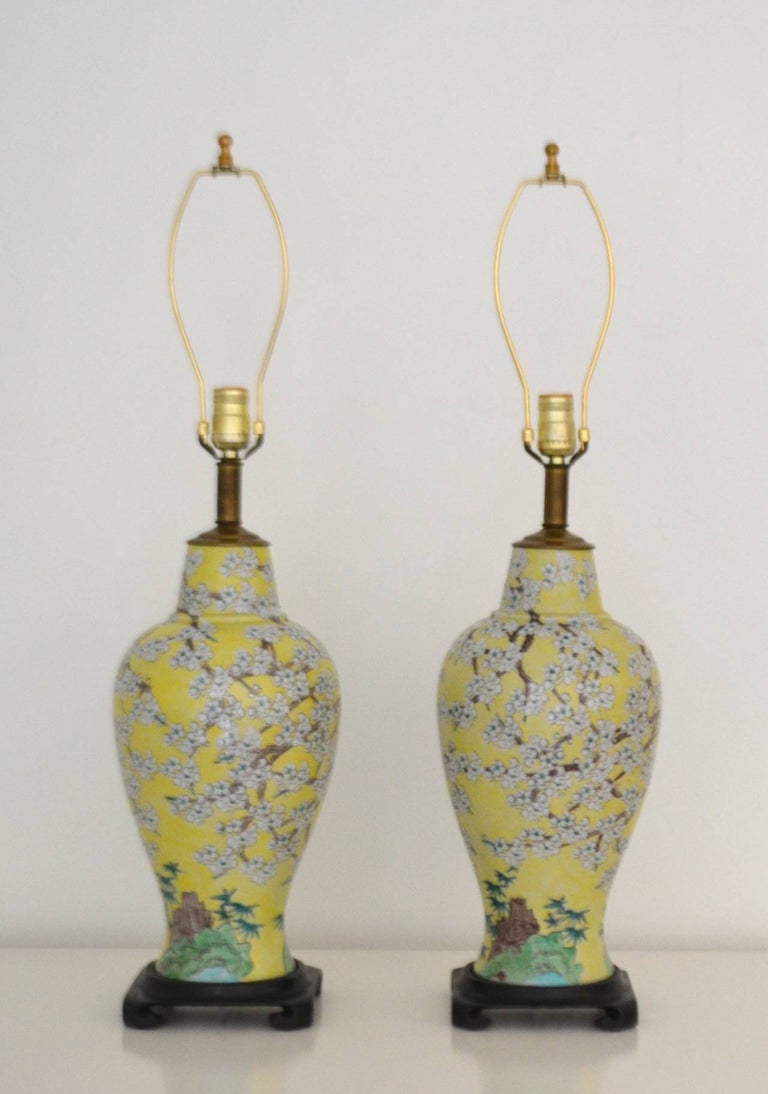 Ceramic Pair of Asian Inspired Polychrome Porcelain Table Lamps For Sale