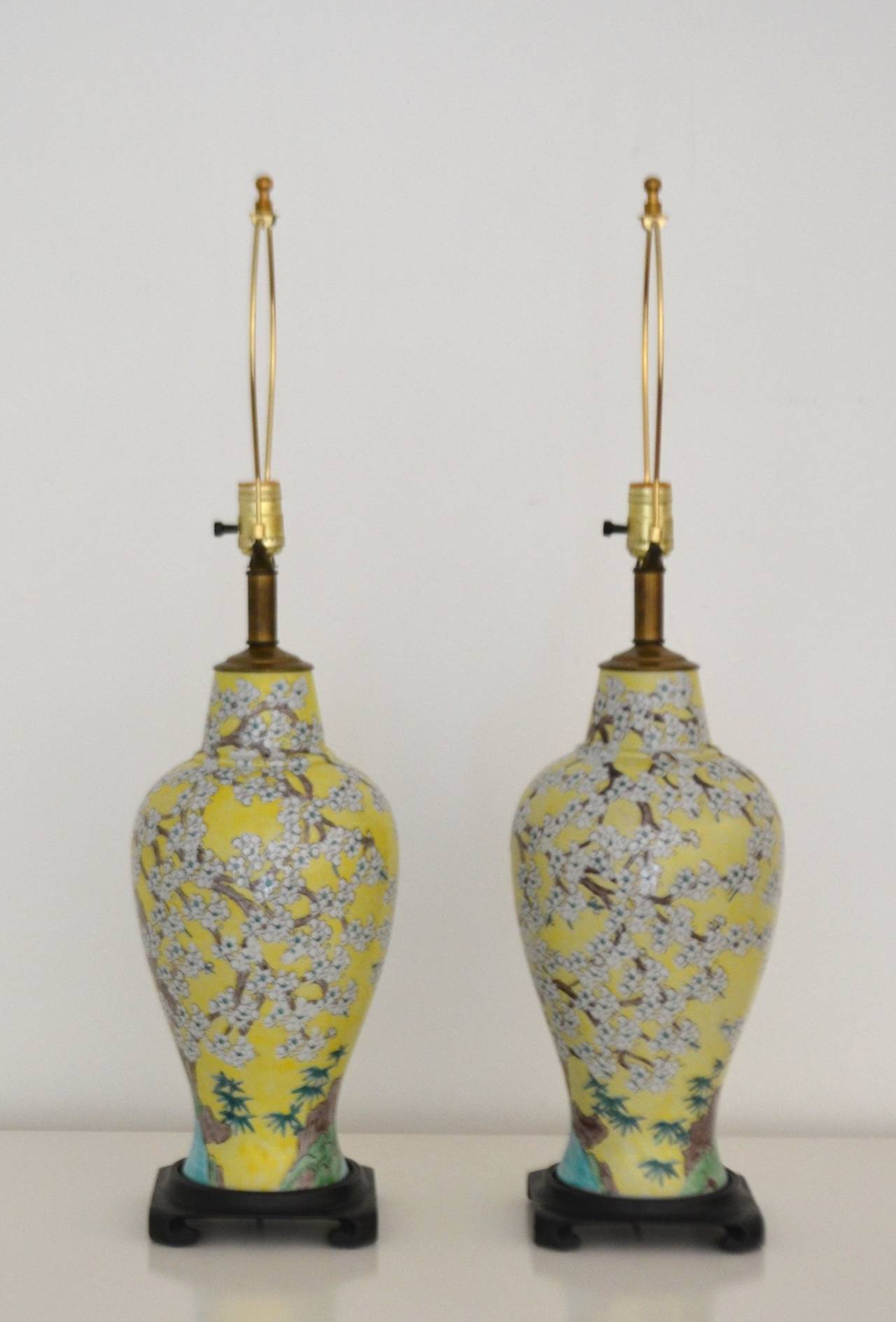 Pair of Asian Inspired Polychrome Porcelain Table Lamps For Sale 1