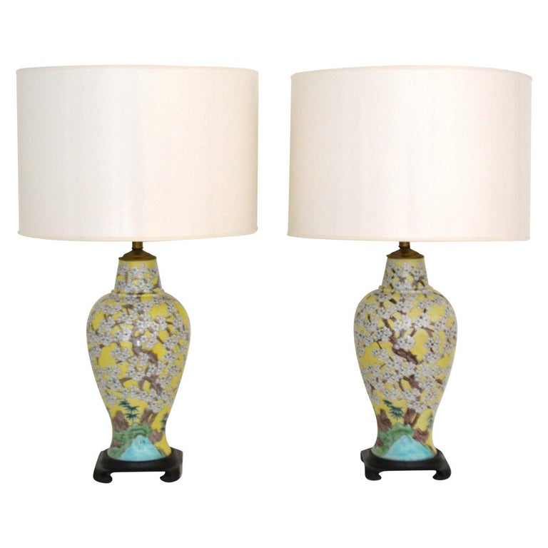 Pair of Asian Inspired Polychrome Porcelain Table Lamps For Sale
