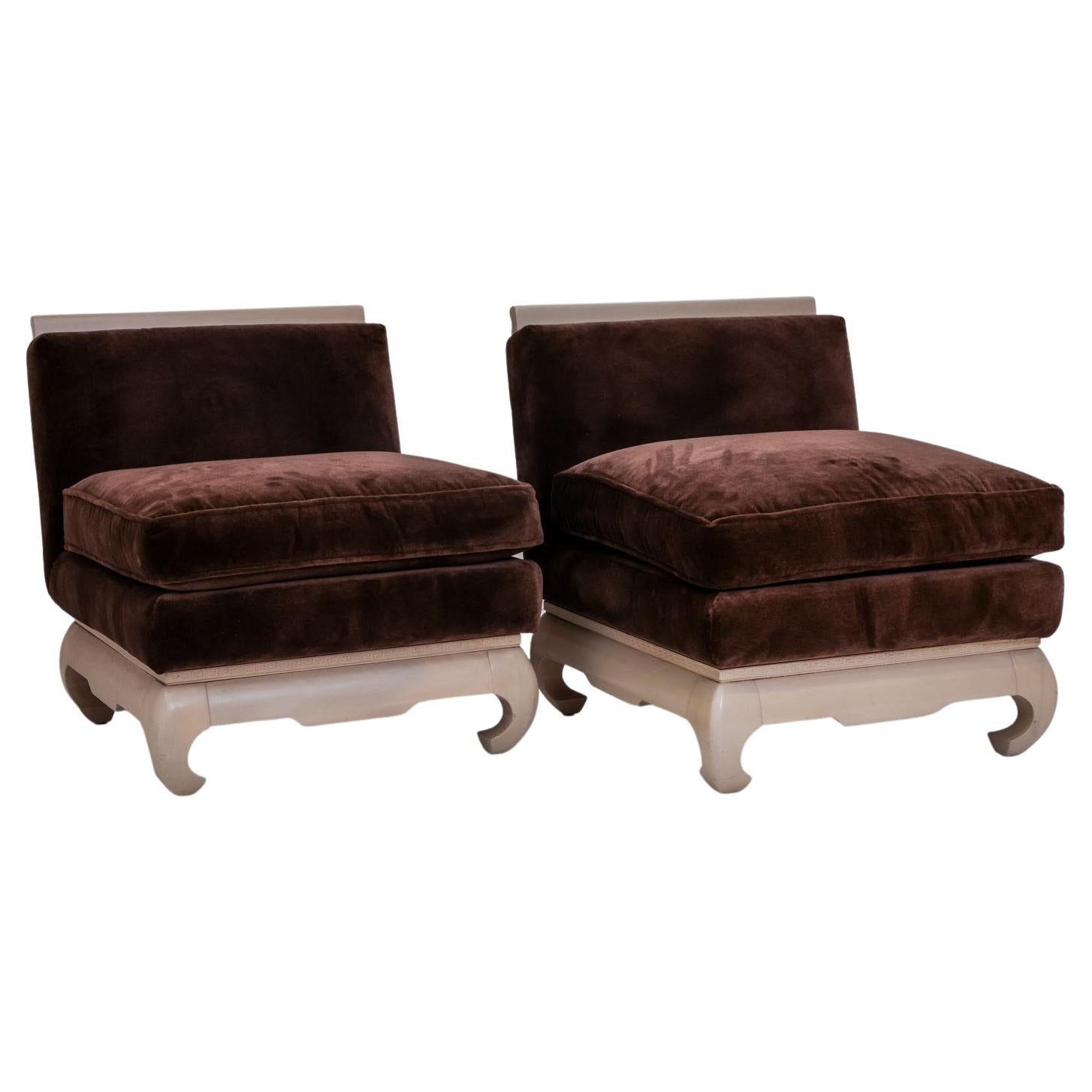 Pair of Asian Inspired Slipper Chairs with Cashmere Velvet Upholstery For Sale