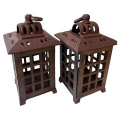 Pair of Asian Inspired Wrought Iron Lanterns with Rings