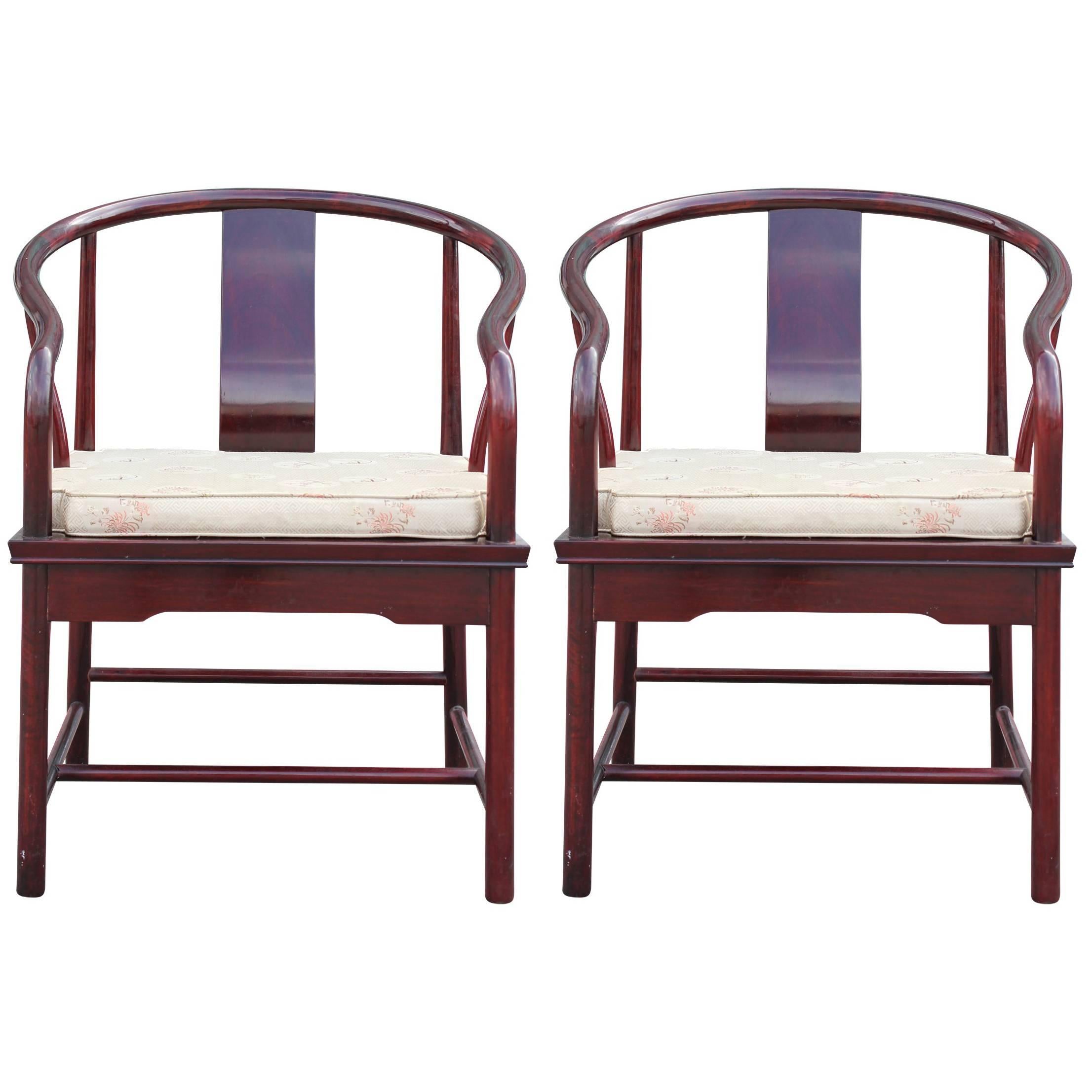 Pair of Asian Michael Taylor for Baker Style Horseshoe Lounge Chairs in Cream