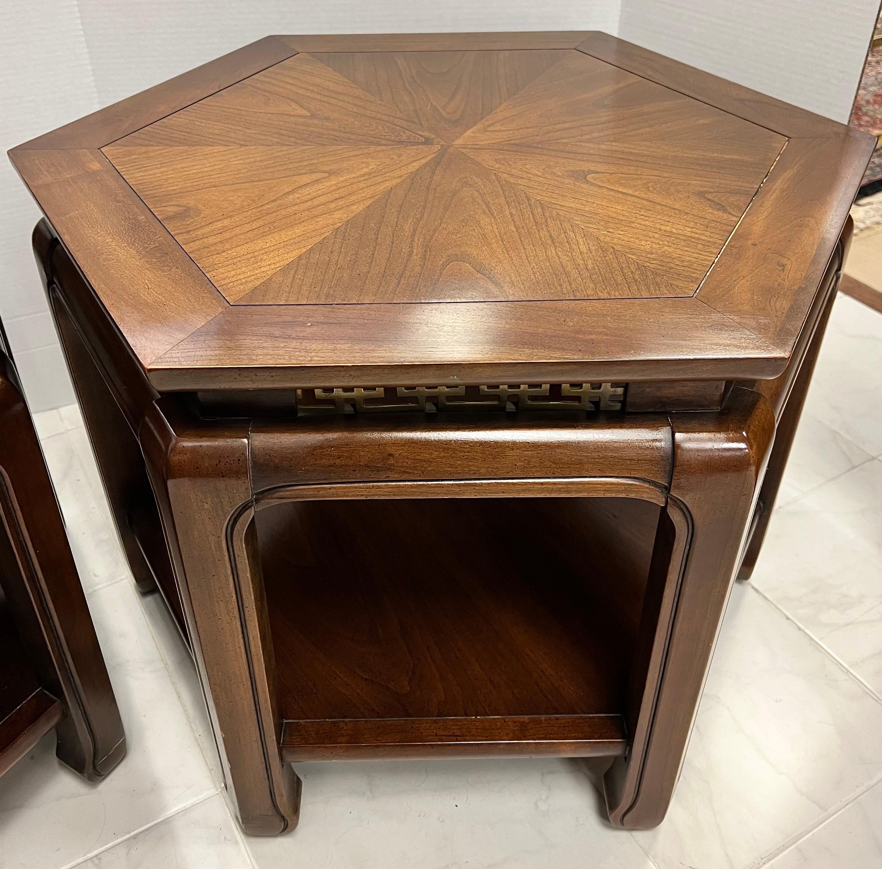 American Pair of Asian Mid Century Octagonal Wooden Occasional End Side Tables For Sale