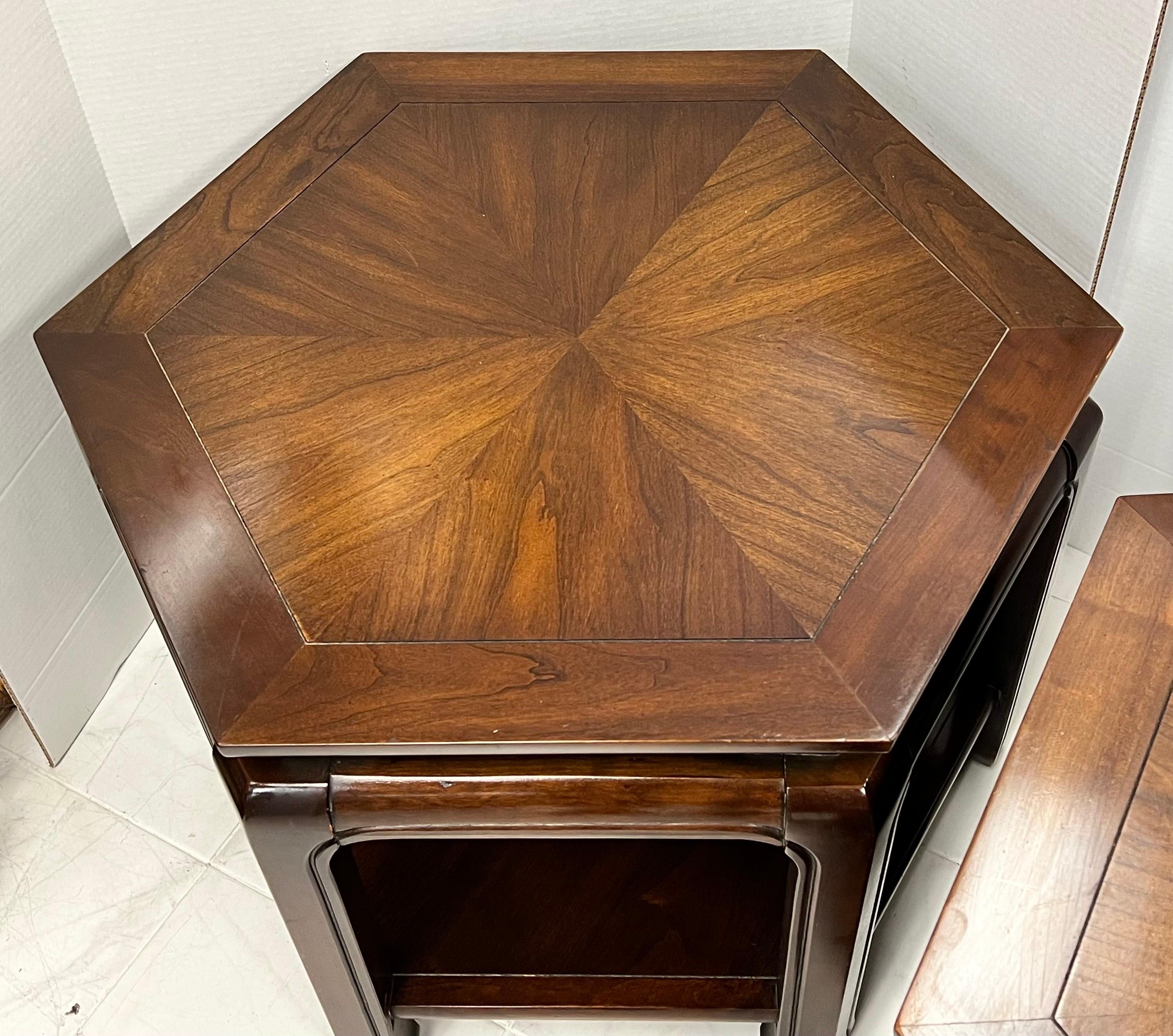 Pair of Asian Mid Century Octagonal Wooden Occasional End Side Tables For Sale 1