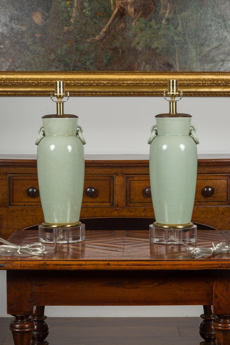 Pair of Asian Midcentury Celadon Table Lamps Made of Urns Mounted on Lucite For Sale 5