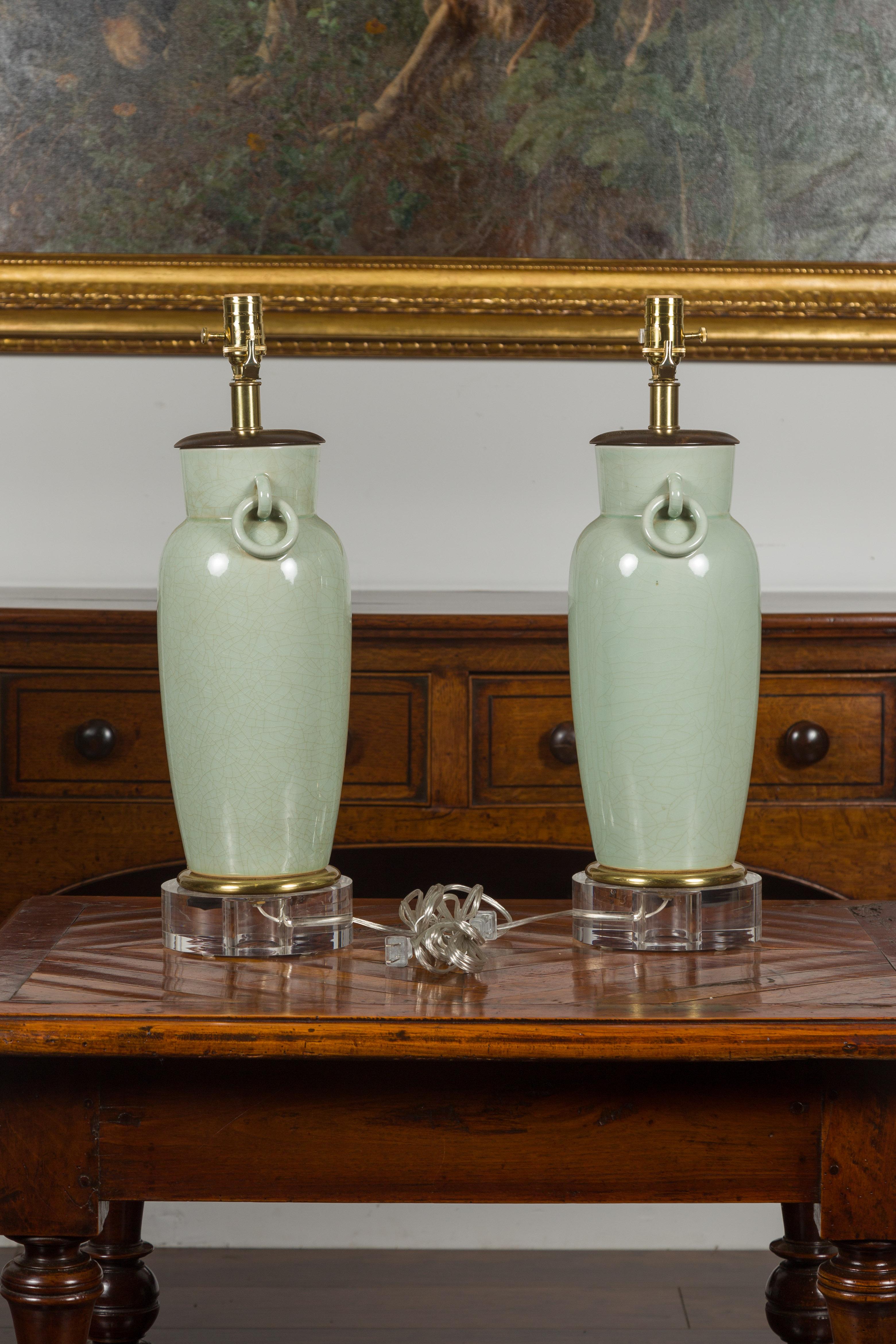 Pair of Asian Midcentury Celadon Table Lamps Made of Urns Mounted on Lucite 6