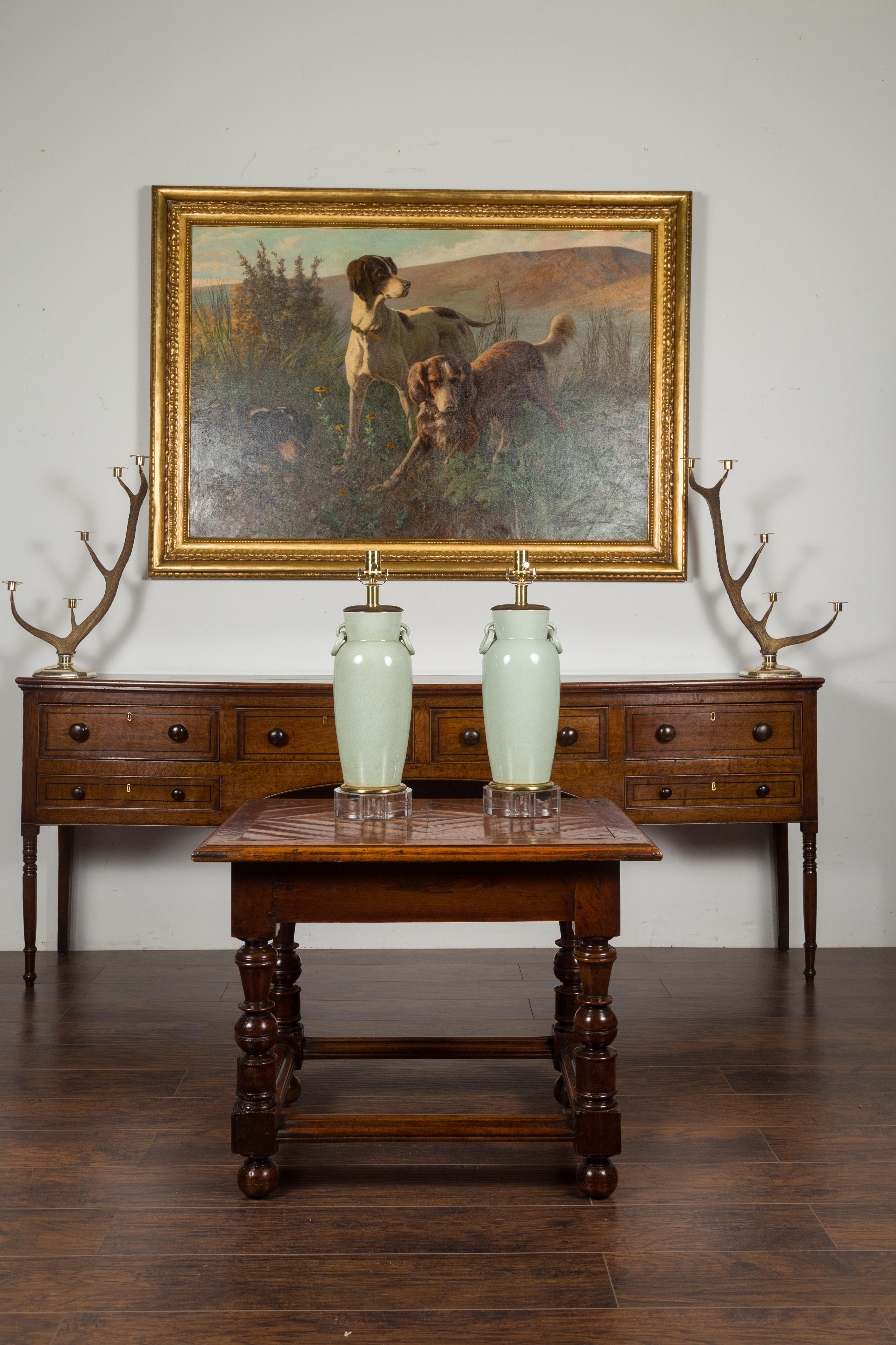 Mid-Century Modern Pair of Asian Midcentury Celadon Table Lamps Made of Urns Mounted on Lucite